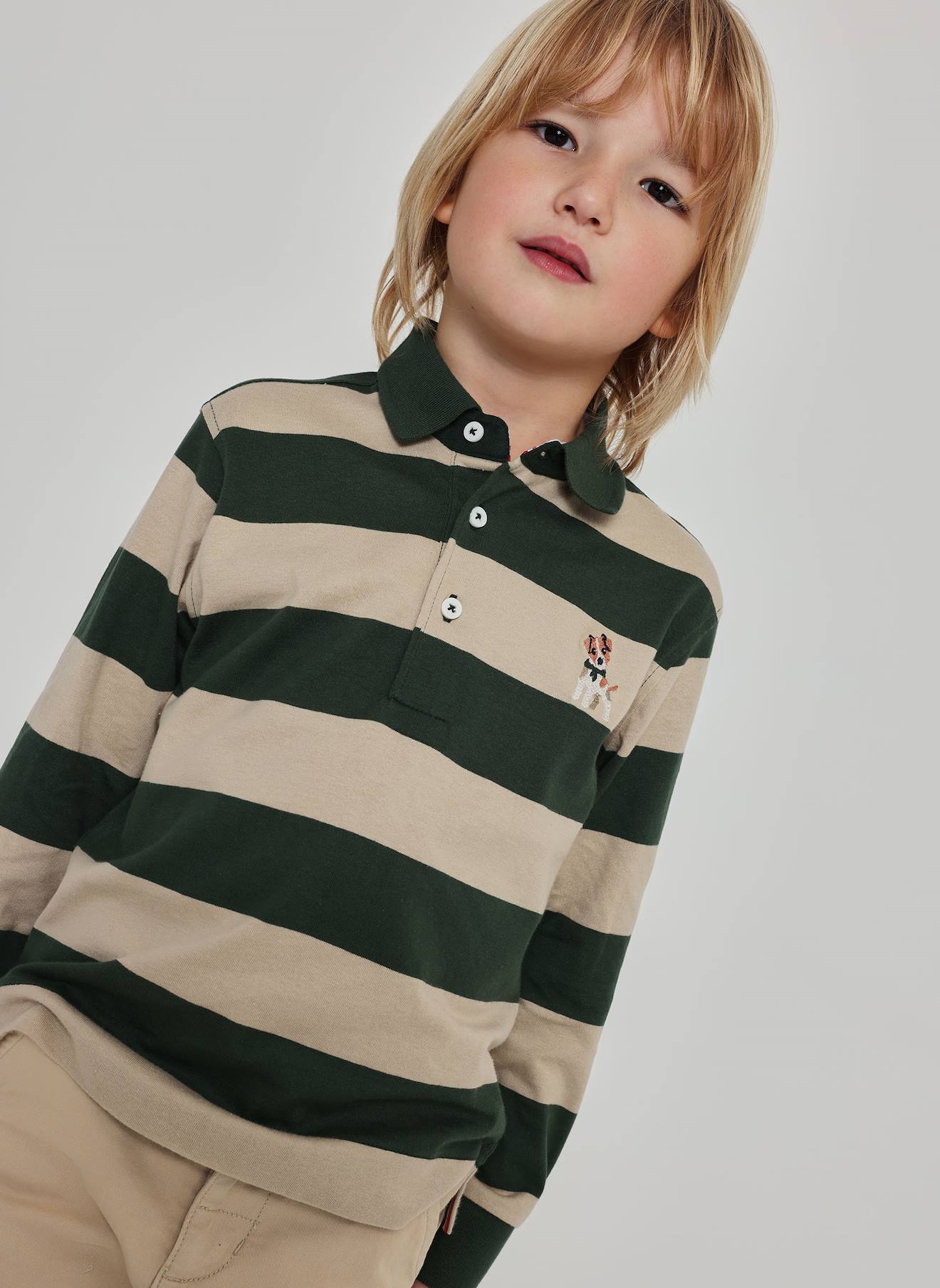 Polo Garçon En Maille Rayé Brodé Chien Multicolore