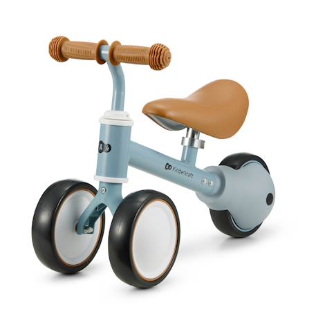 Mini-draisienne bleu-gris à quatre roues, avec une selle marron et des poignées en bois
