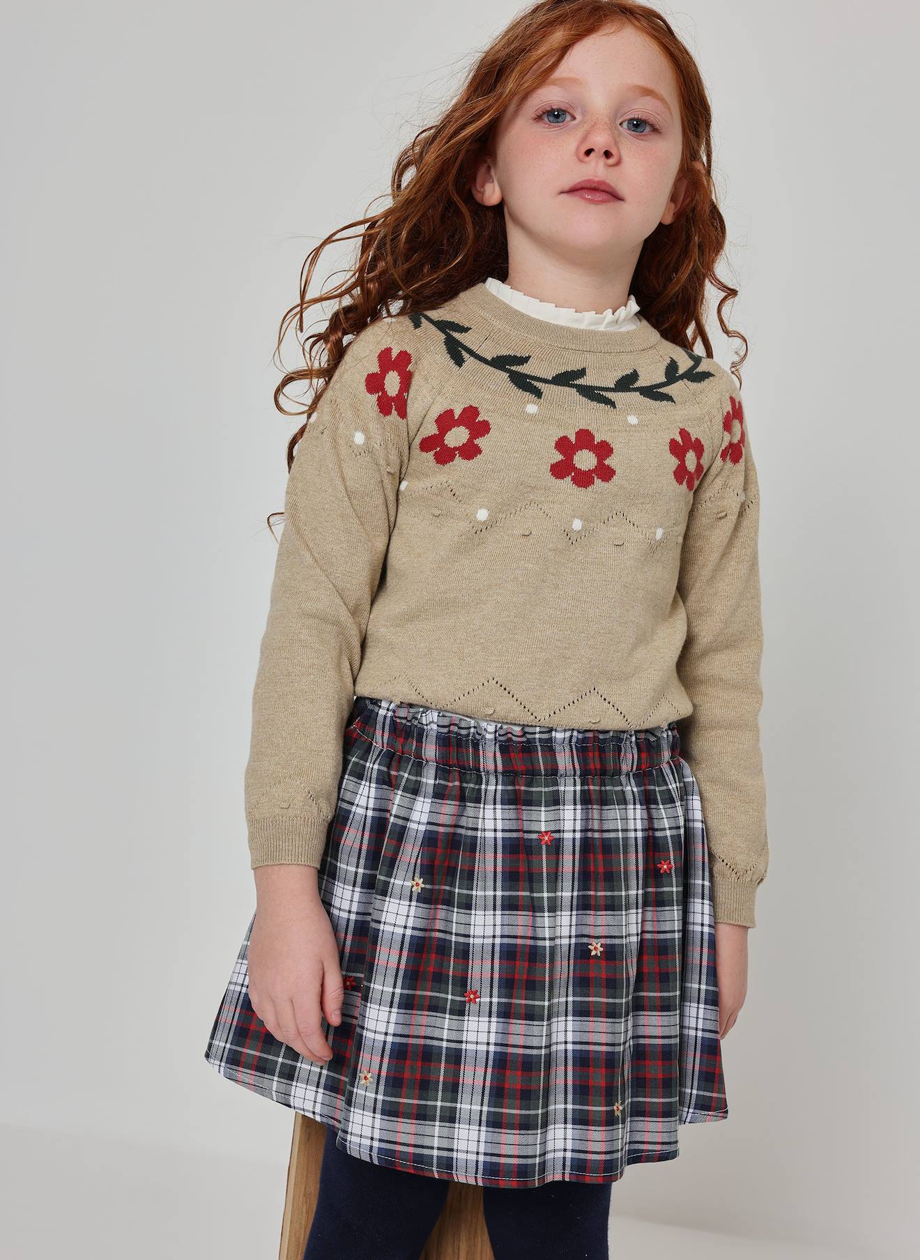 Jupe Fille À Carreaux Broderie De Fleurs Multicolore