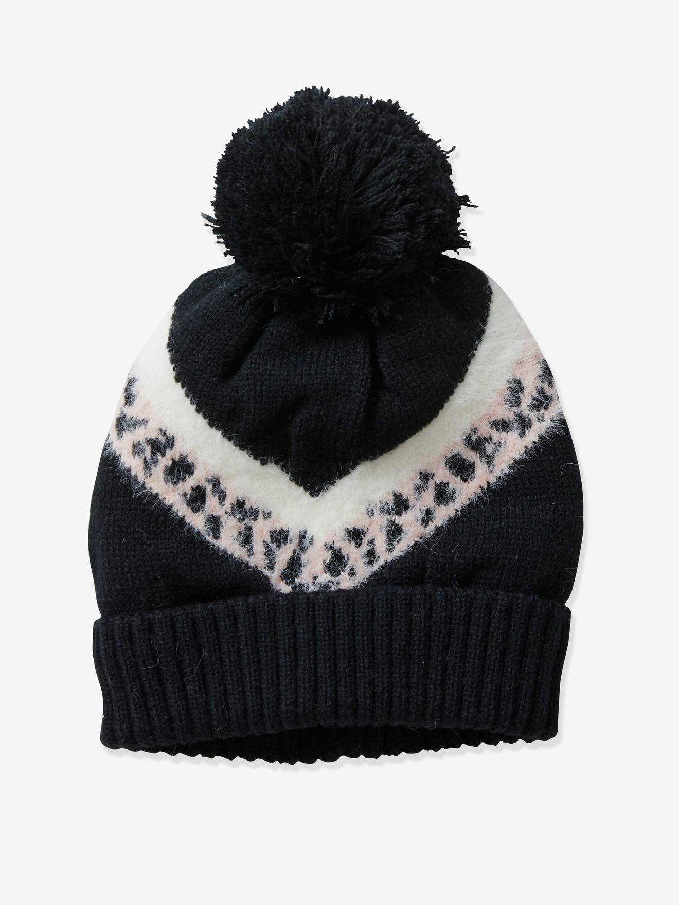 Bonnet léopard fille avec pompon noir imprimé