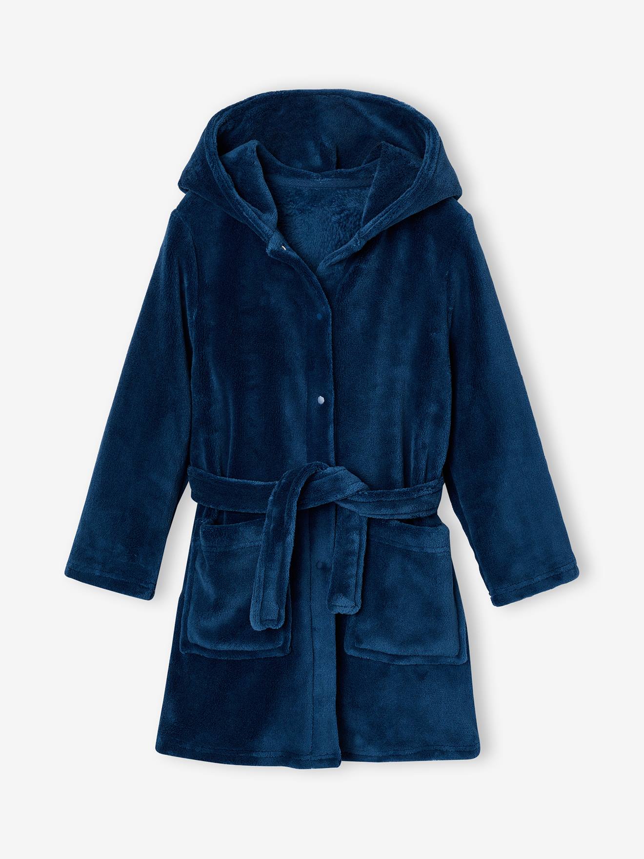 Robe de chambre garçon à capuche bleu océan