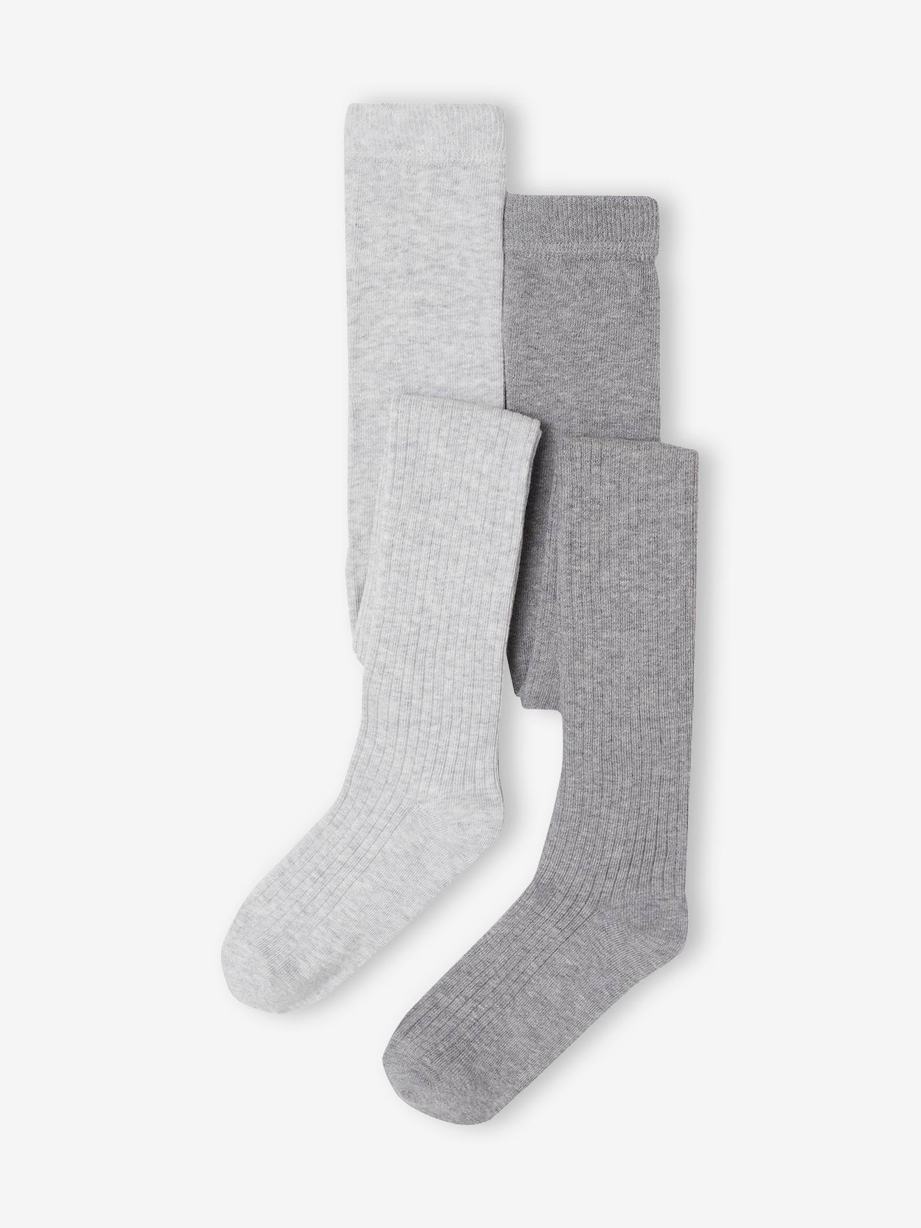 Lot de 2 paires de collants en maille côtelée fille gris chiné