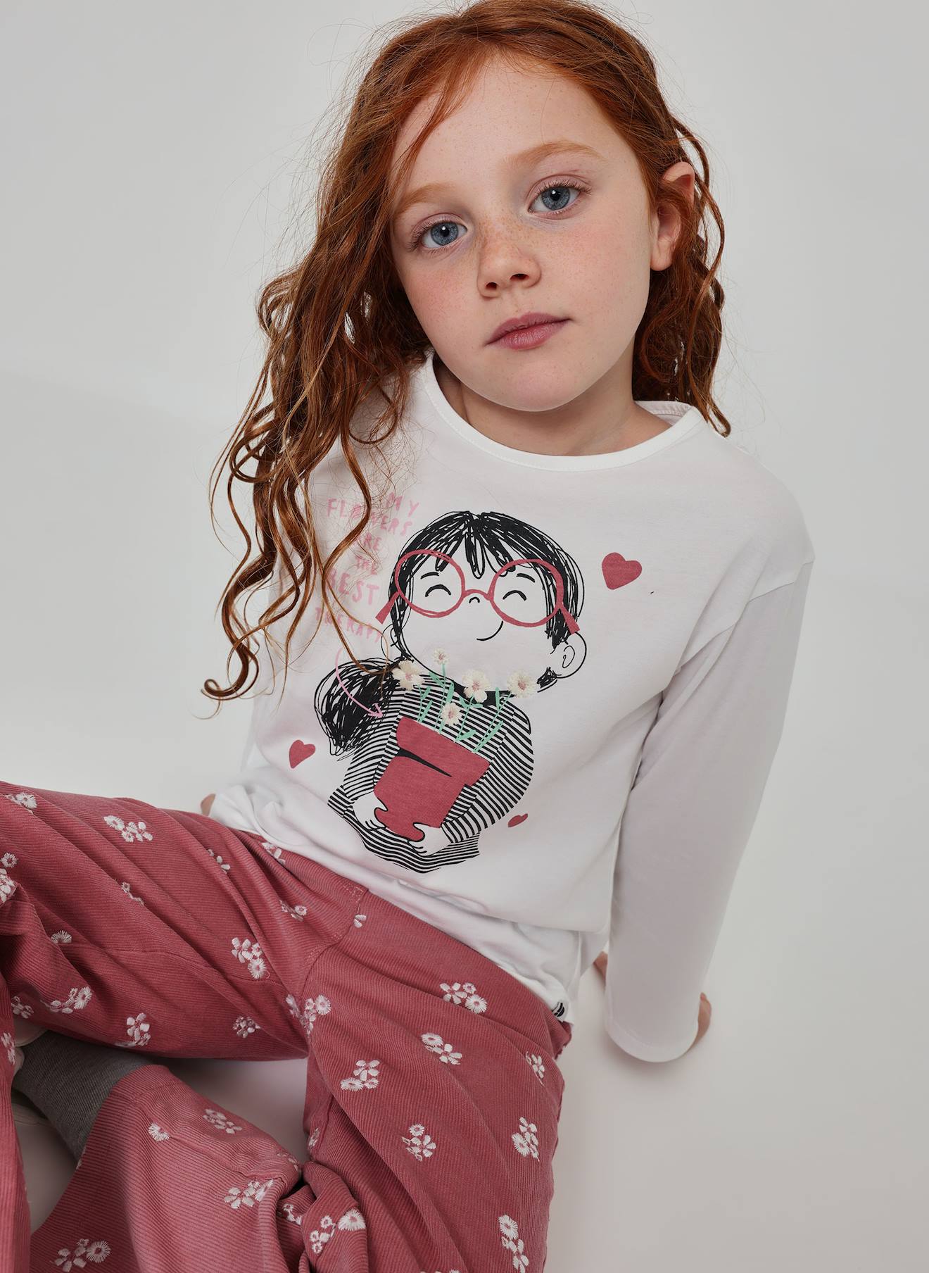 T-shirt Fille Maille Imprimé Fille Avec Fleurs Blanc