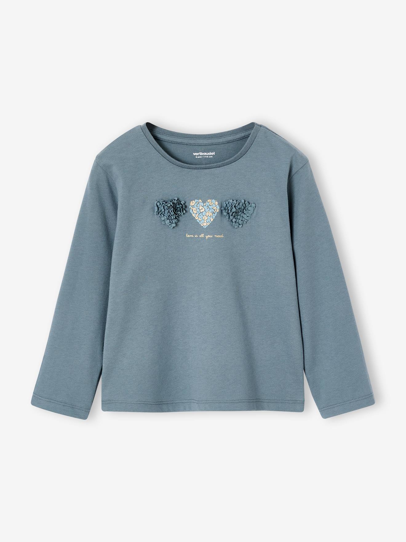 T-shirt fille animation coeur fille manches longues vert