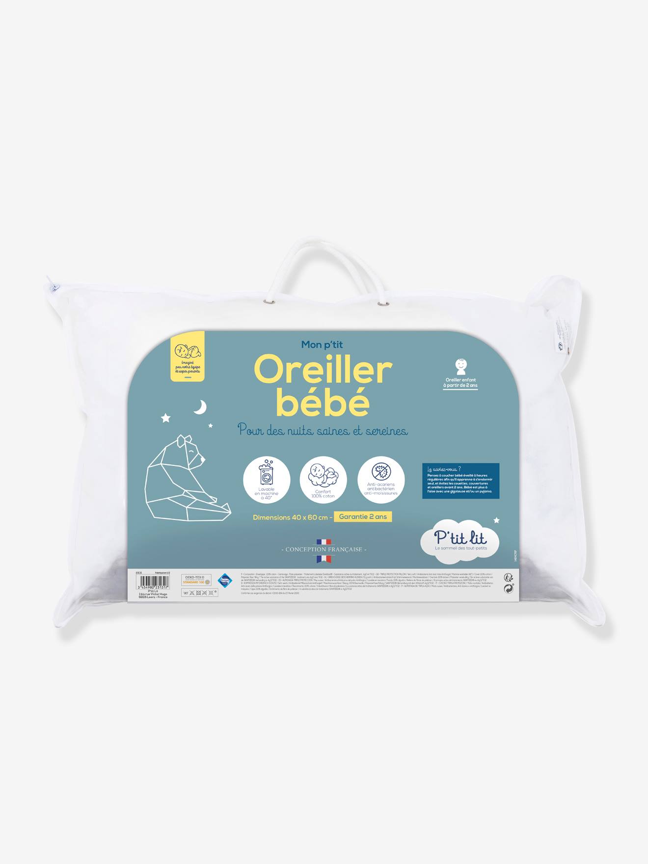 Oreiller bébé moelleux plat 40x60cm anti-acariens Fabriqué en France -  Conforama