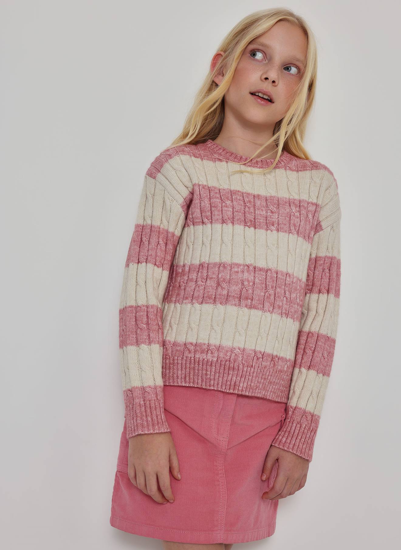 Pull Fille À Rayures Avec Torsades Rose