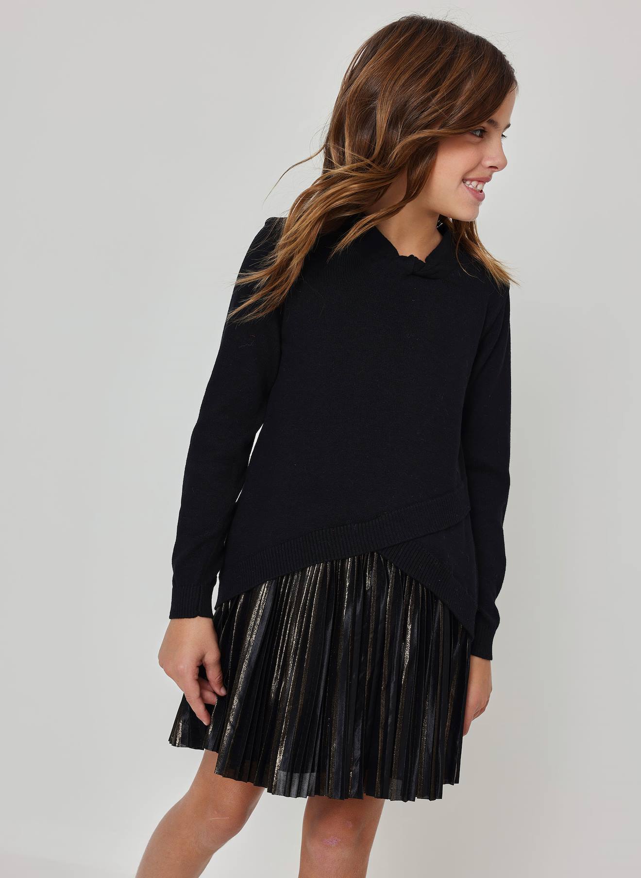 Robe Fille Combinée Avec Jupe Plissée Noir