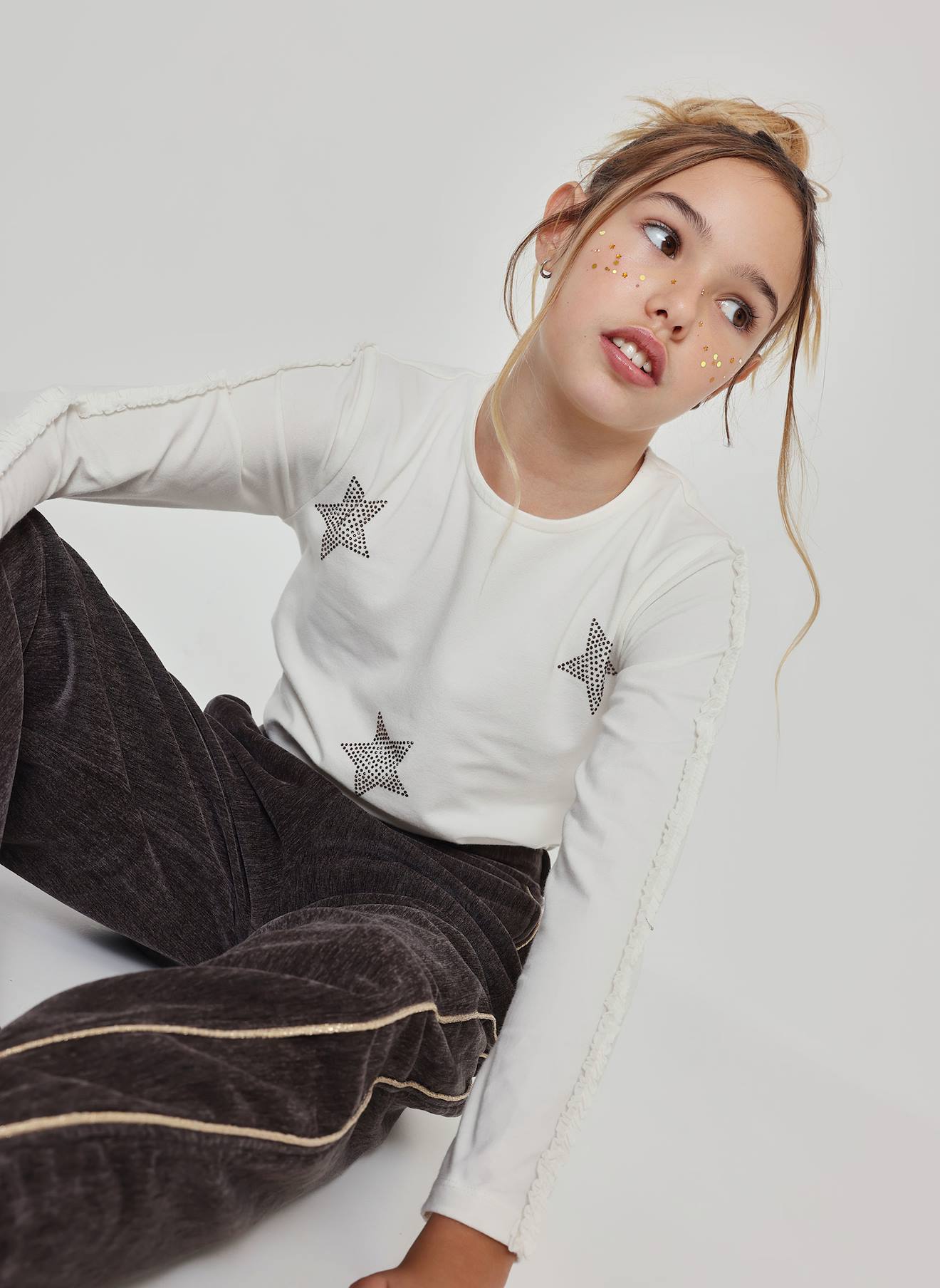 T-shirt Fille En Maille Avec Étoiles Blanc