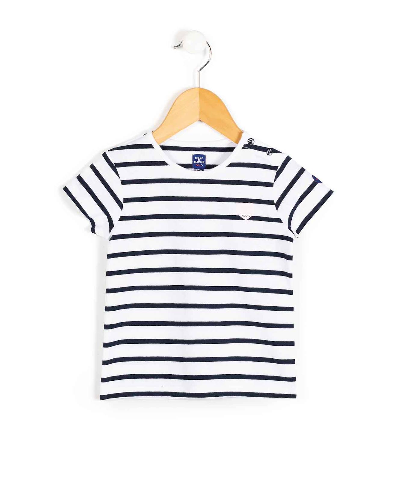 Mariniere Manches Courtes 100% Coton Fille Fond Blanc Raye Indigo