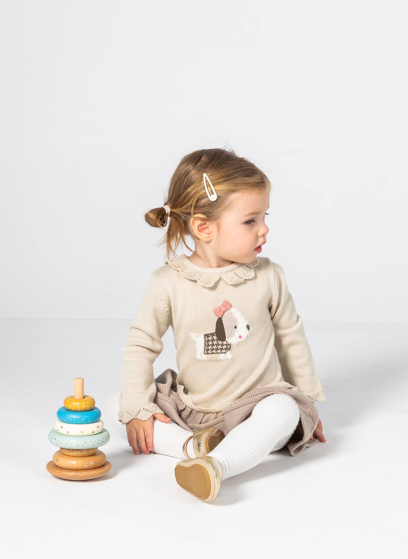 Robe Bébé Avec Broderie De Petit Chien Beige