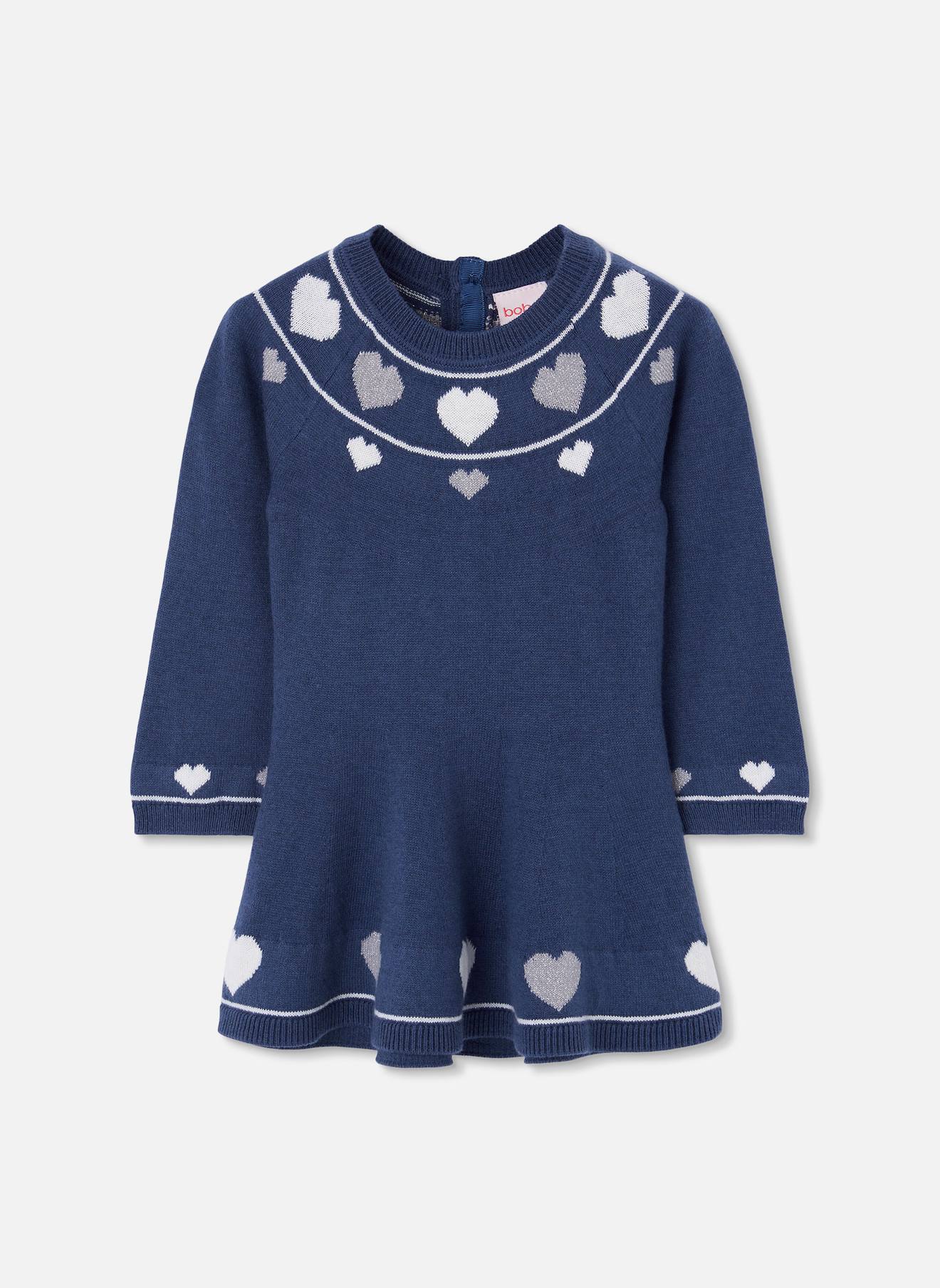 Robe Fille En Maille Avec Coeurs Bleu