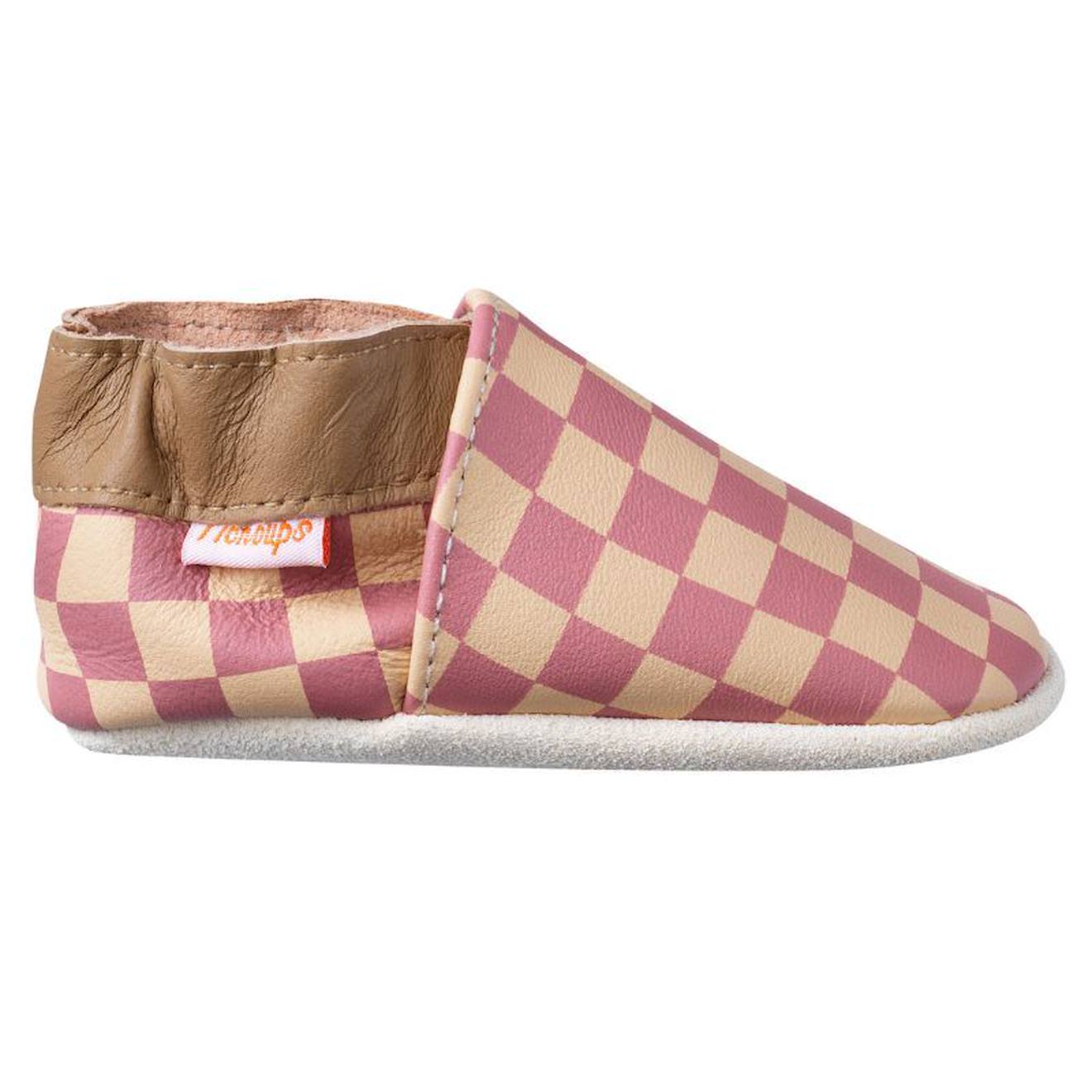 Chaussons Bébé Cuir Souple Damier Rose Chaussons Bébé Cuir Souple Damier Rose