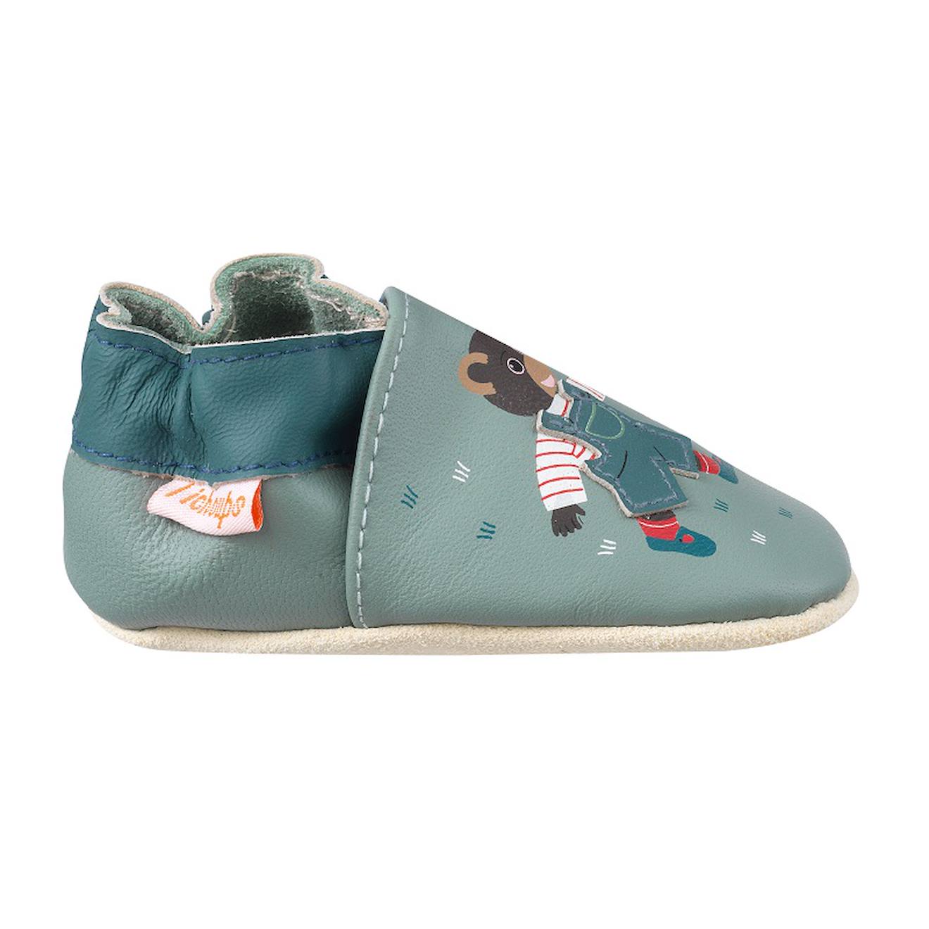 Chaussons Cuir Souple Petit Ours Brun Bleu Chaussons Cuir Souple Petit Ours Brun Bleu