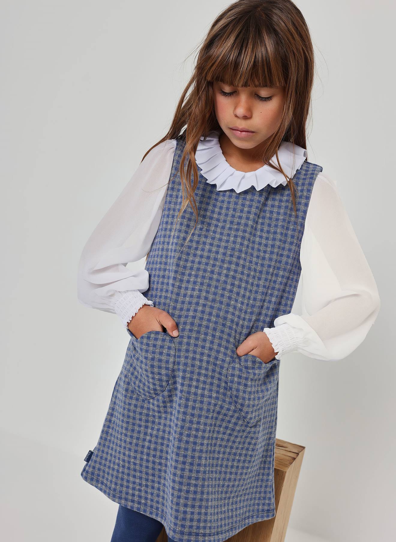Robe Fille Chasuble En Maille À Carreaux Avec Poches En Coeur Multicolore