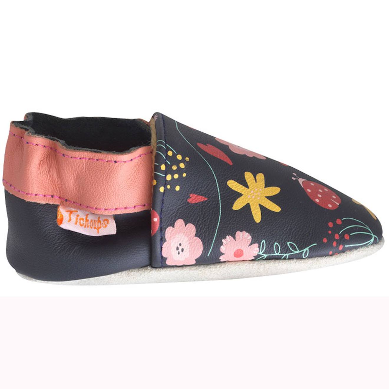 Chaussons Bébé Cuir Souple Fanny Les Fleurs Bleu