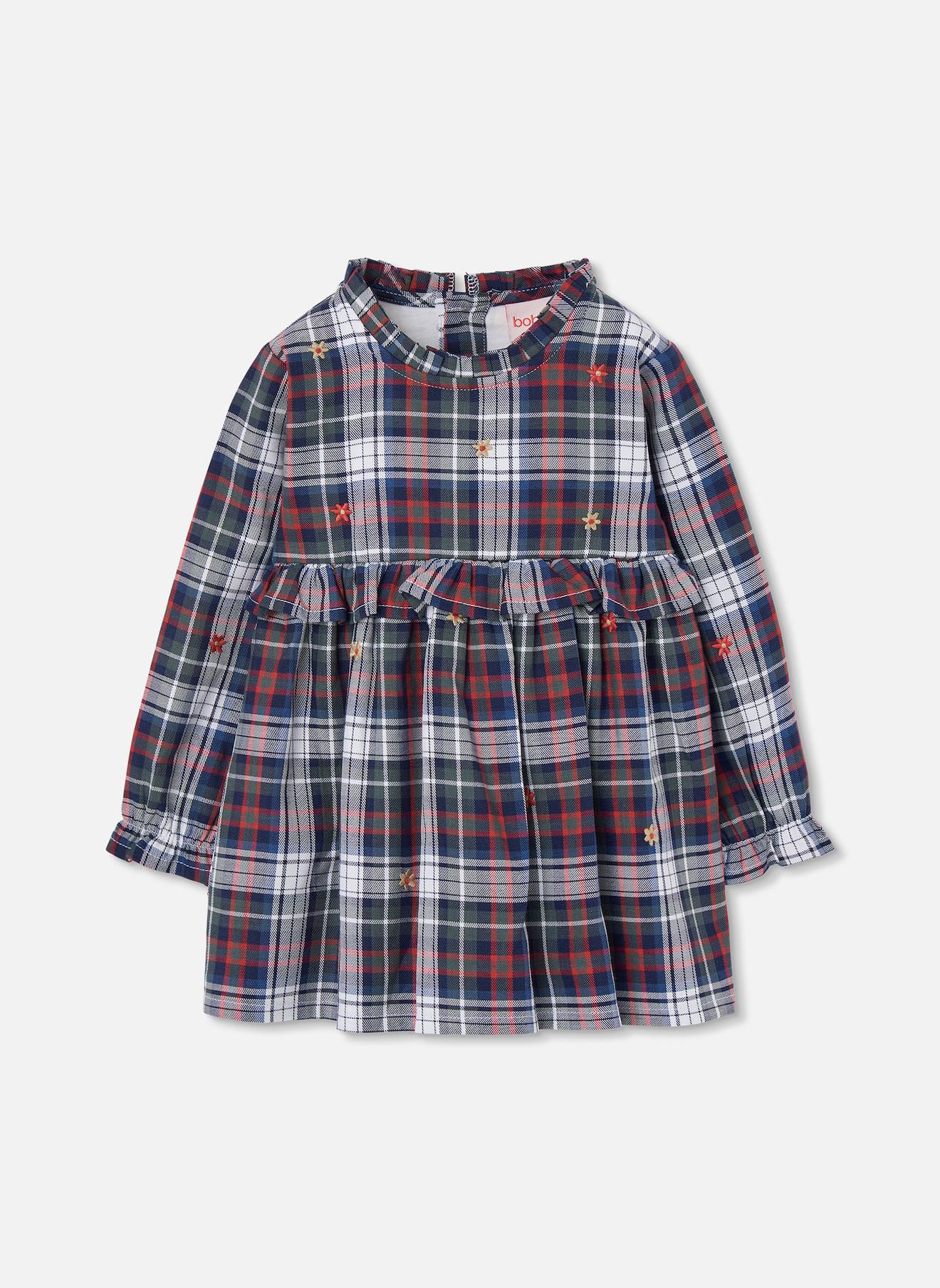 Robe Fille À Carreaux Brodée Fleurs Multicolore
