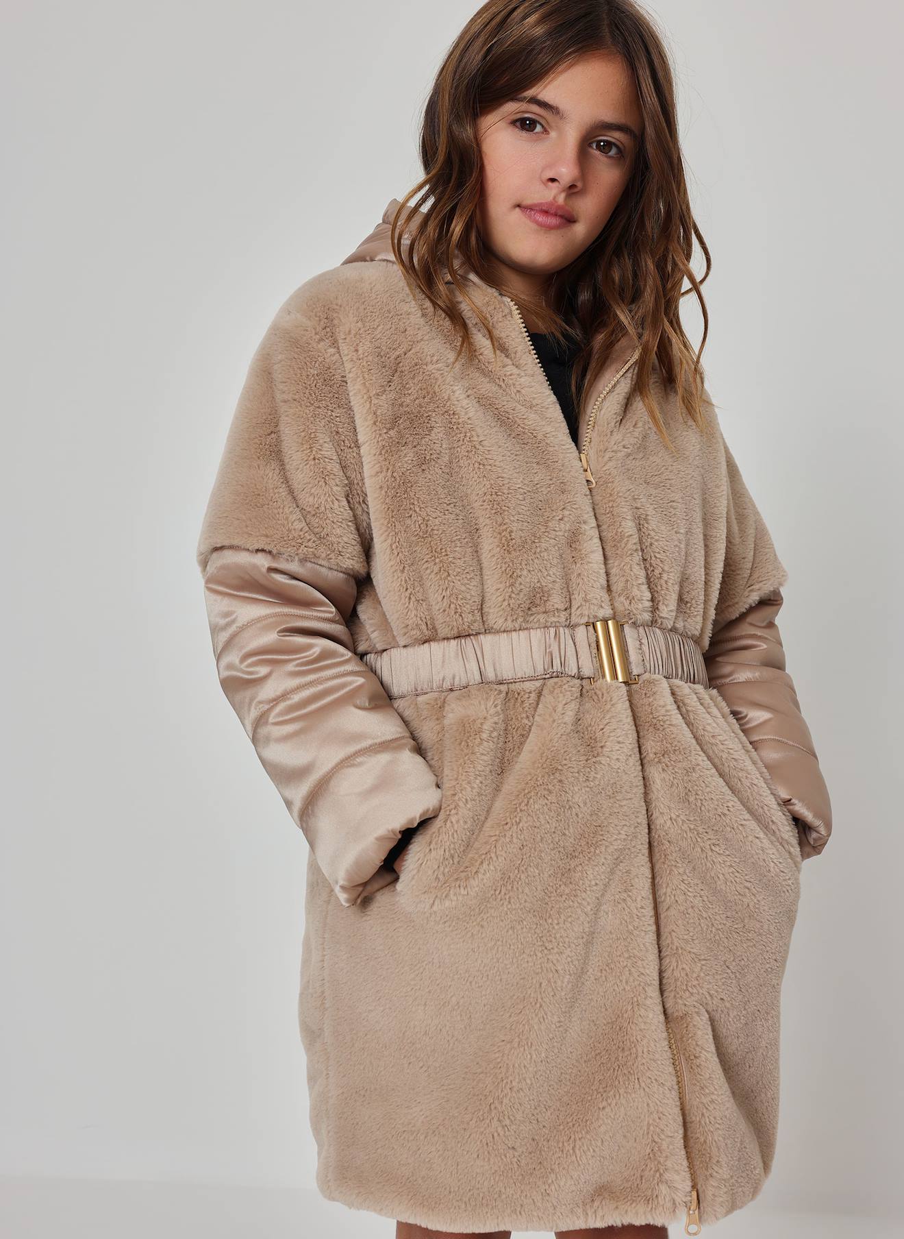 Parka Fille En Tissu Technique Avec Ceinture Jaune