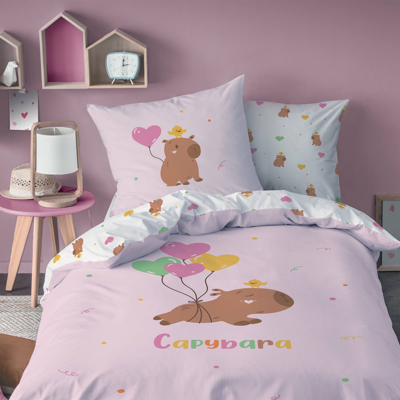 Parure De Lit Imprimée 100% Coton, Capybara Rose