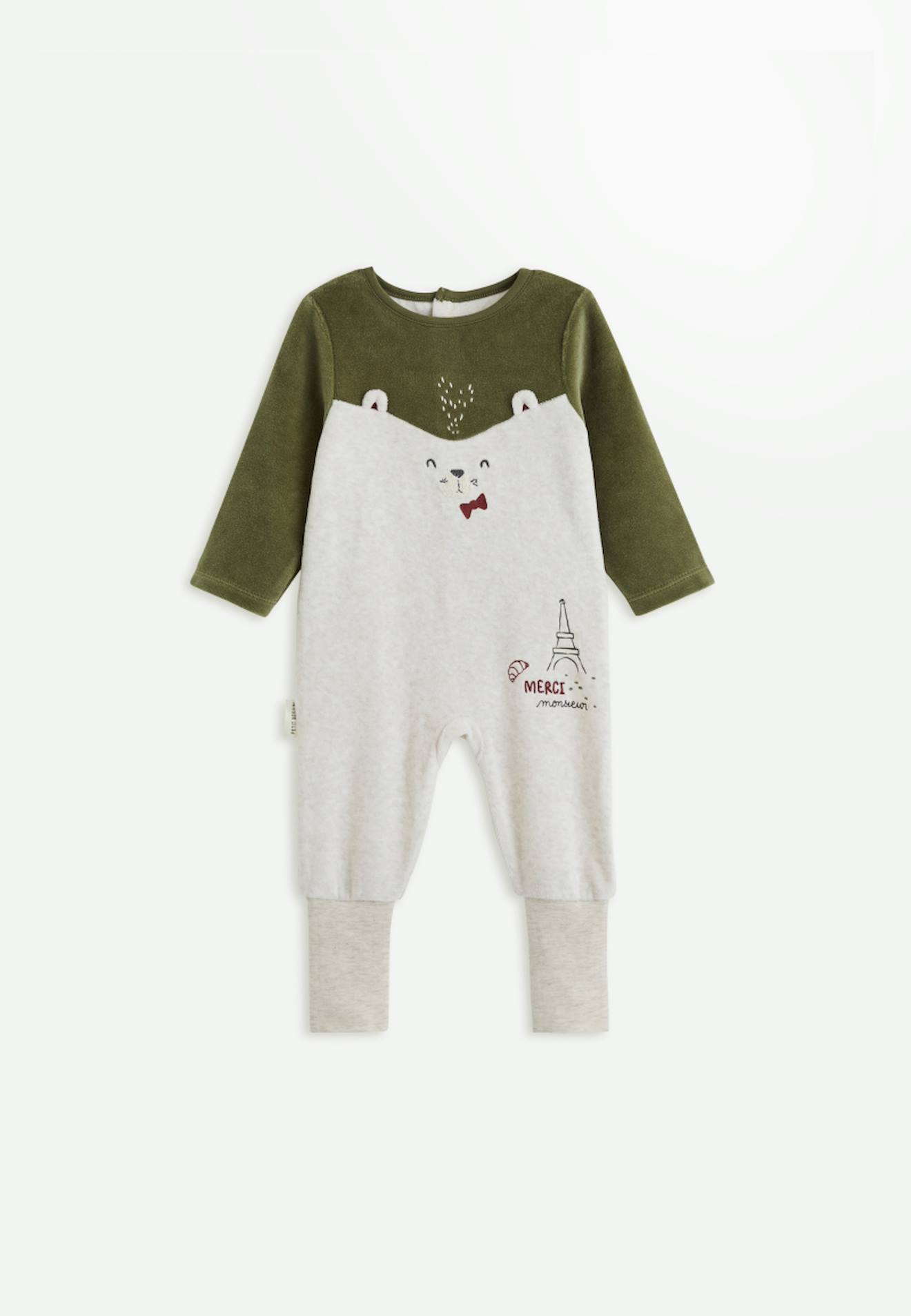 Pyjama Bébé Avec Pieds Retroussables En Velours Pistache Beige