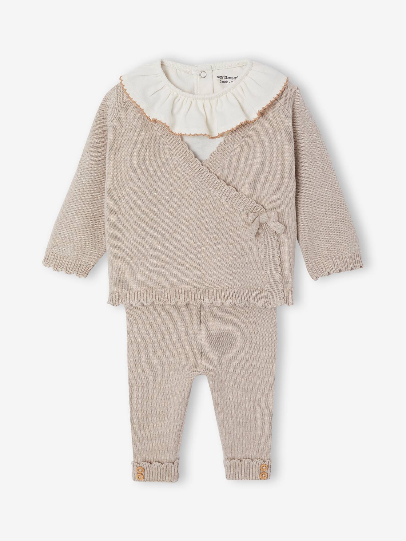 Ensemble 3 pièces naissance bébé tricot beige chiné