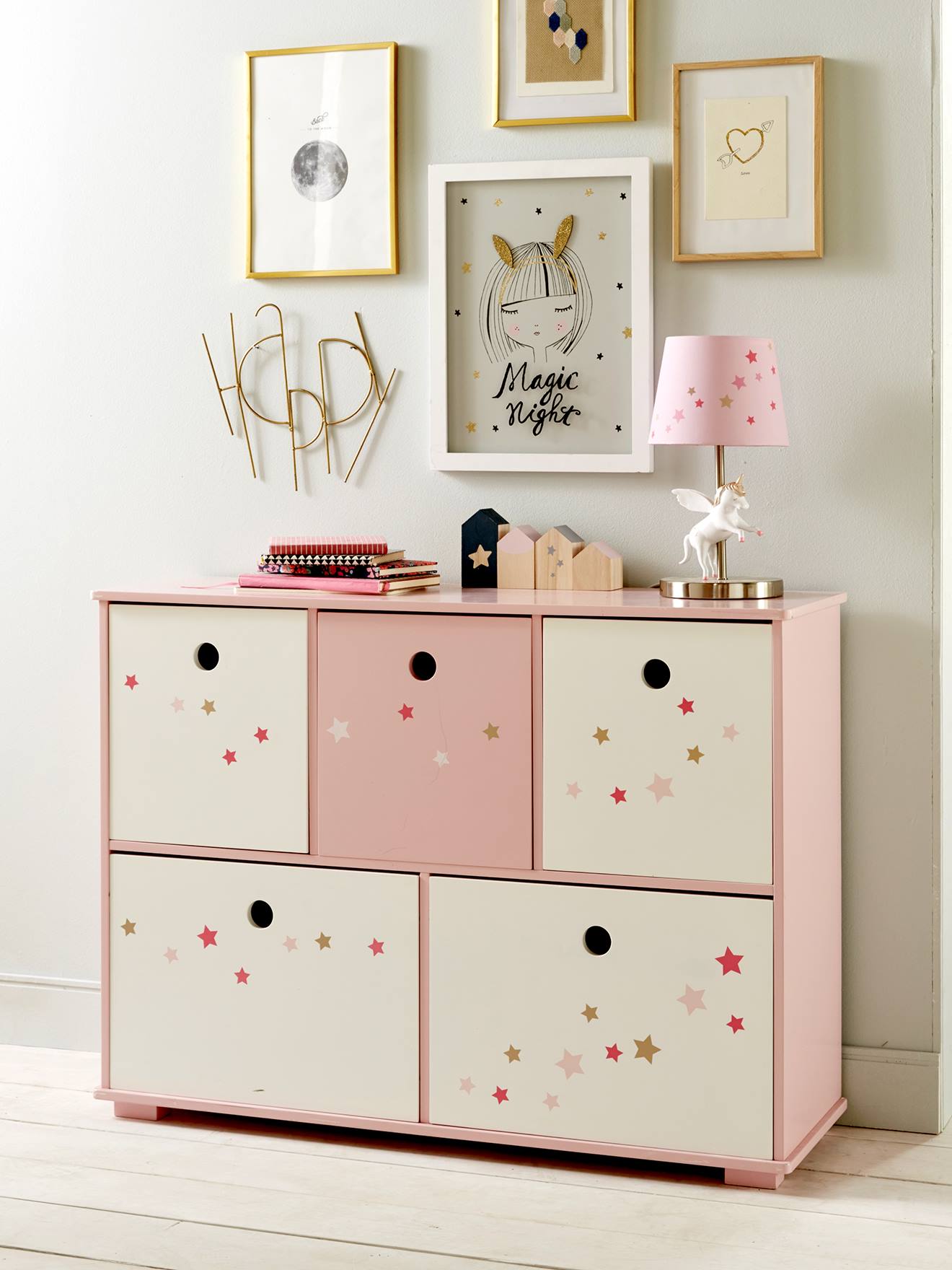 Meuble de rangement 5 bacs LIGNE FEERIE rose étoiles