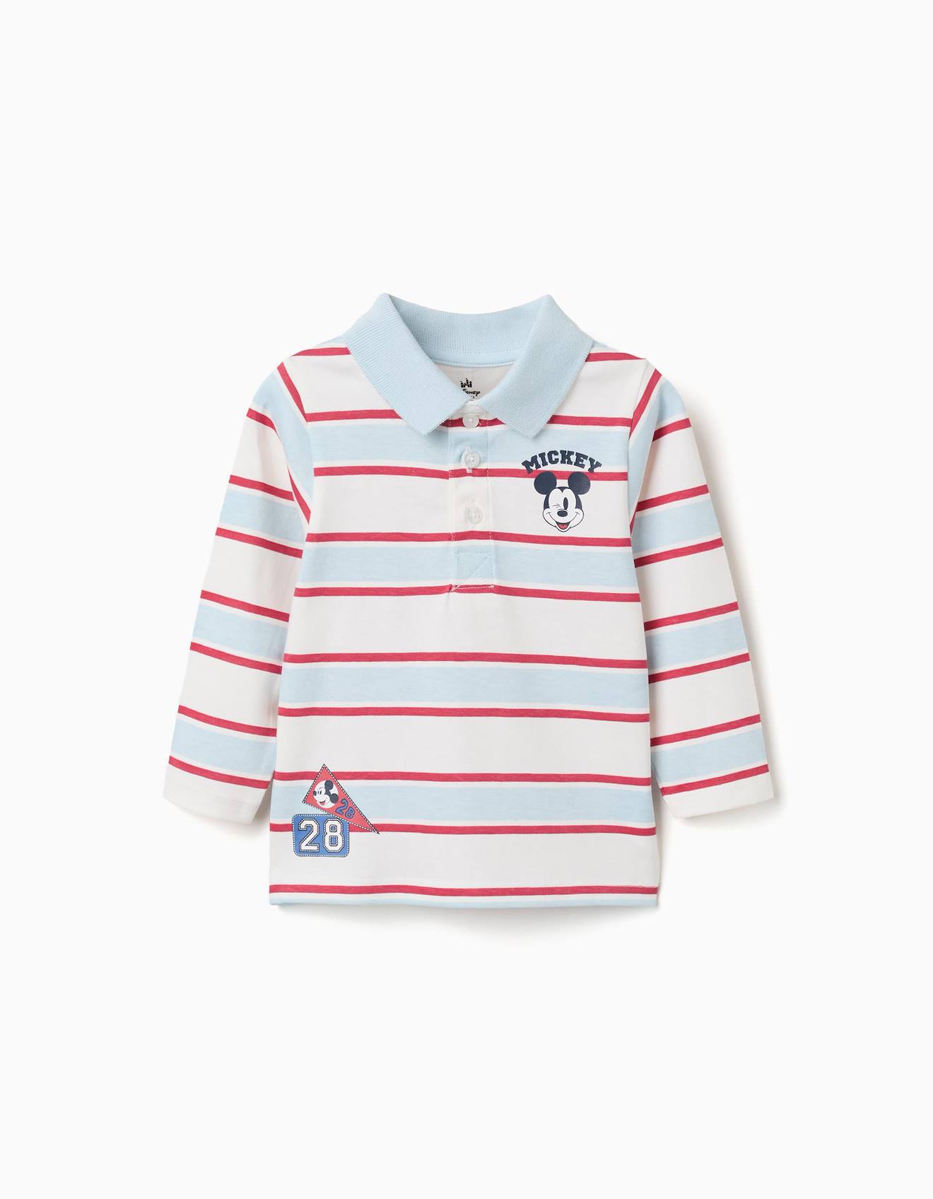 Polo À Manches Longues À Rayures Avec Imprimé Mickey Bleu Clair