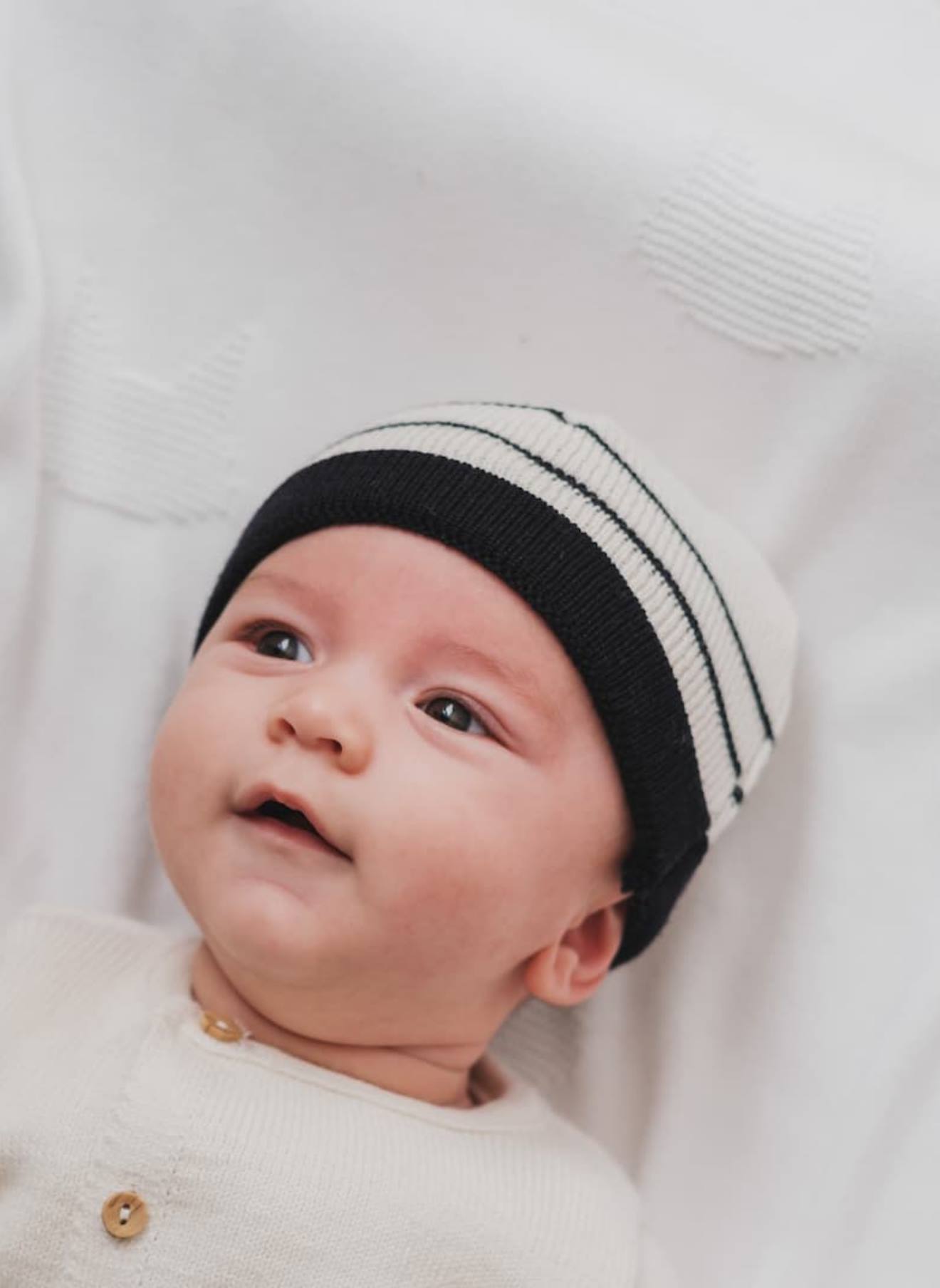 Bonnet Bébé À Revers Petits Marins Écru Rayé Marine