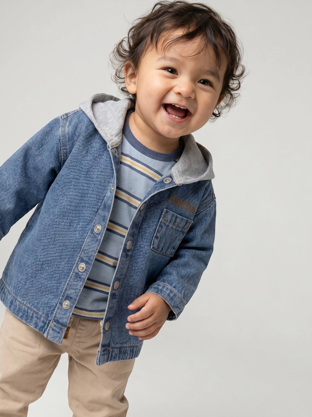 Chemise bébé personnalisable en denim avec capuche stone