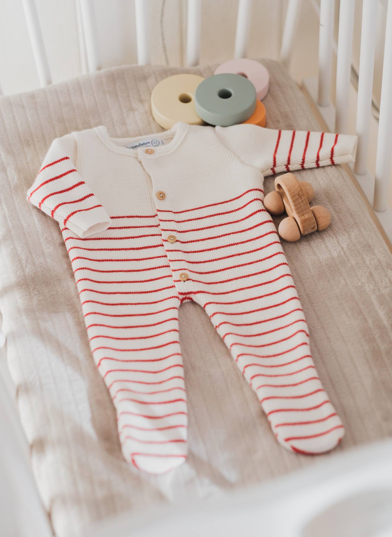 Combinaison À Pieds En Laine Bébé Ecru Rayé Rouge Basque
