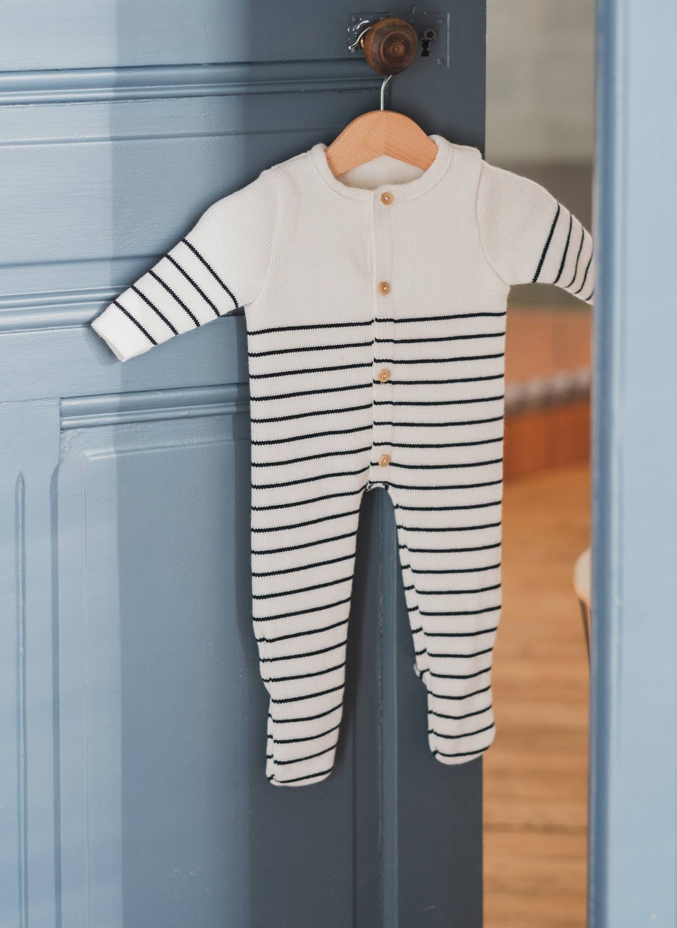 Combinaison À Pieds En Laine Bébé Ecru Rayé Marine