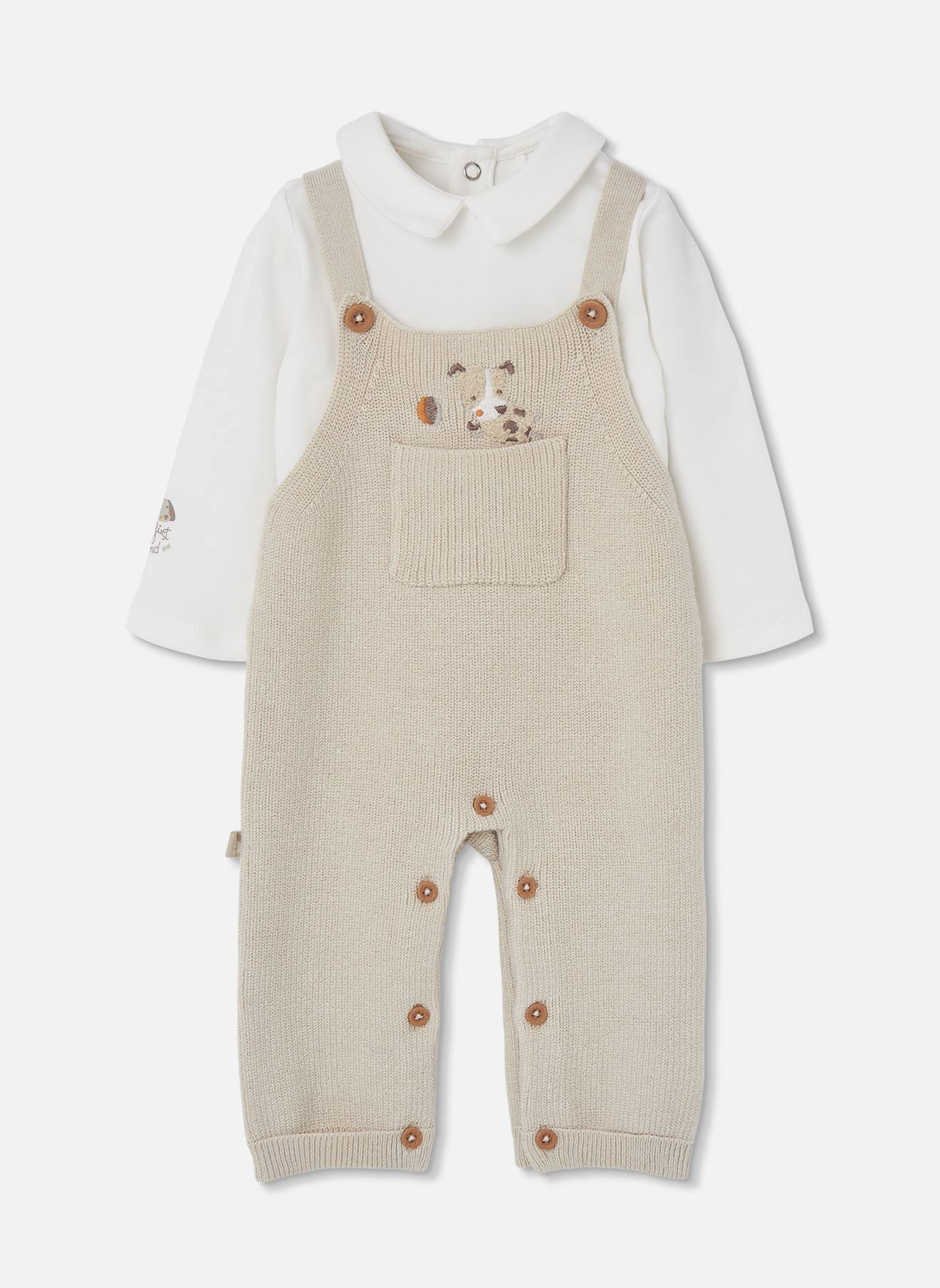 Ensemble Bébé Garçon En Maille Avec Petit Chien Beige
