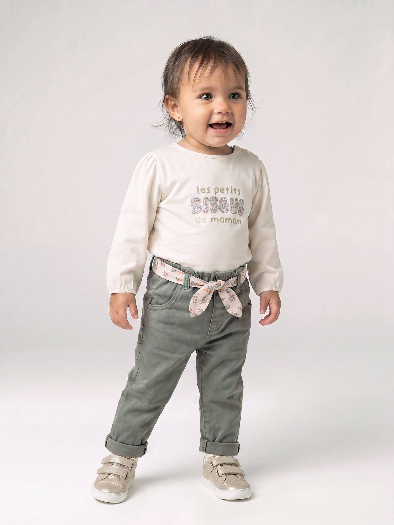 Pantalon paperbag bébé fille vert moyen uni