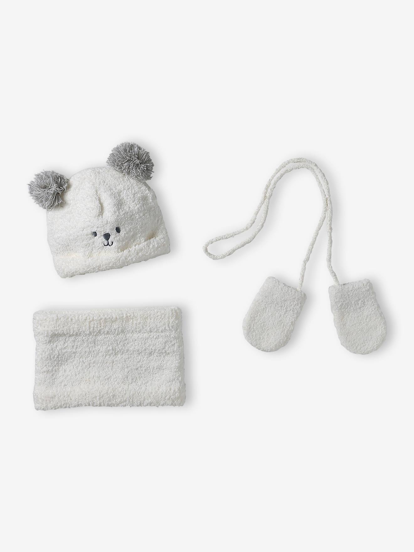 Ensemble bébé bonnet, snood et moufles écru