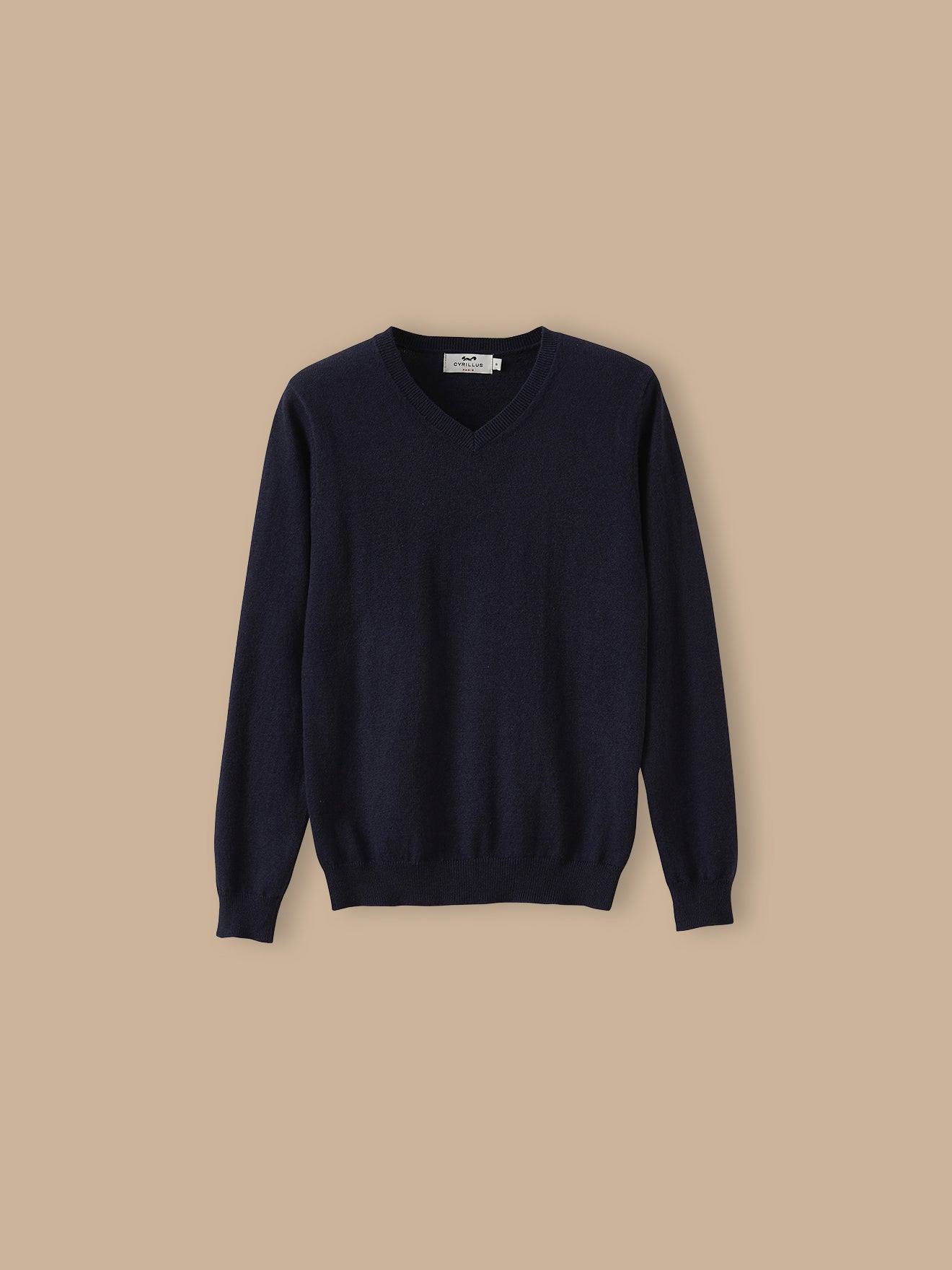 Pull Col V Garçon Bleu Fonce Uni