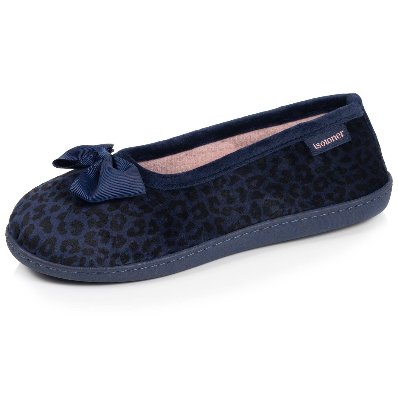 Chaussons Ballerines Microvelours Semelle Ergonomique, Mousse À Mémoire Forme Léopard Marine