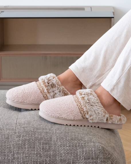 Chaussons mules ultra confortables, en maille bouclette, semelle crantée Beige+Camel+Noir 2 - vertbaudet enfant 