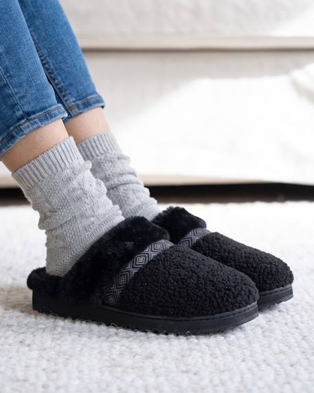 Chaussons mules ultra confortables, en maille bouclette, semelle crantée Beige+Camel+Noir 14 - vertbaudet enfant 