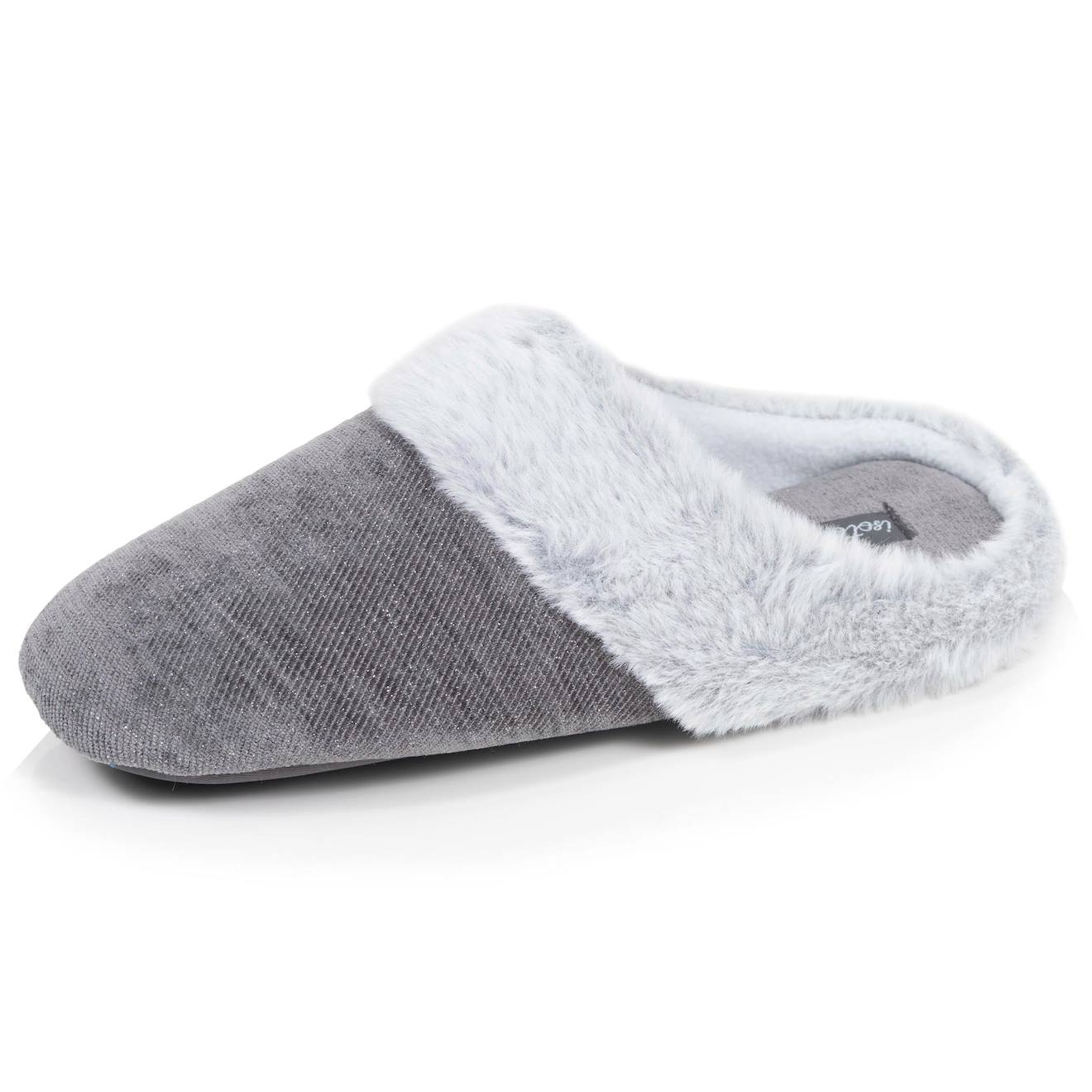 Chaussons Mules Sergé Pailleté, Semelle Gomme Ultra Souple Gris Foncé