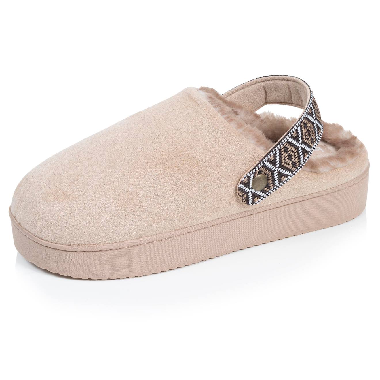 Chaussons Mules Suédine Semelle Plateforme Beige