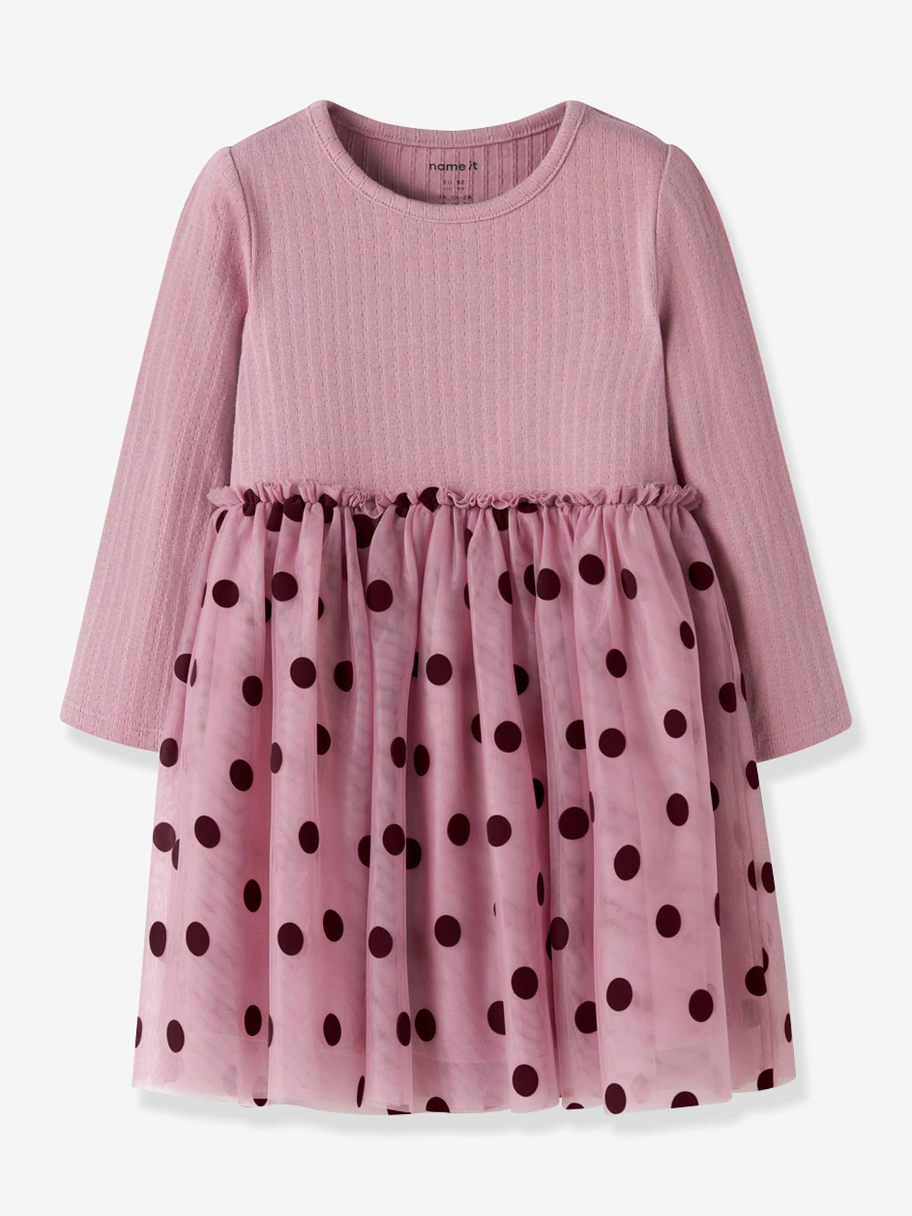 Robe fille en matières mélangées, jupe en tulle à pois name it mauve
