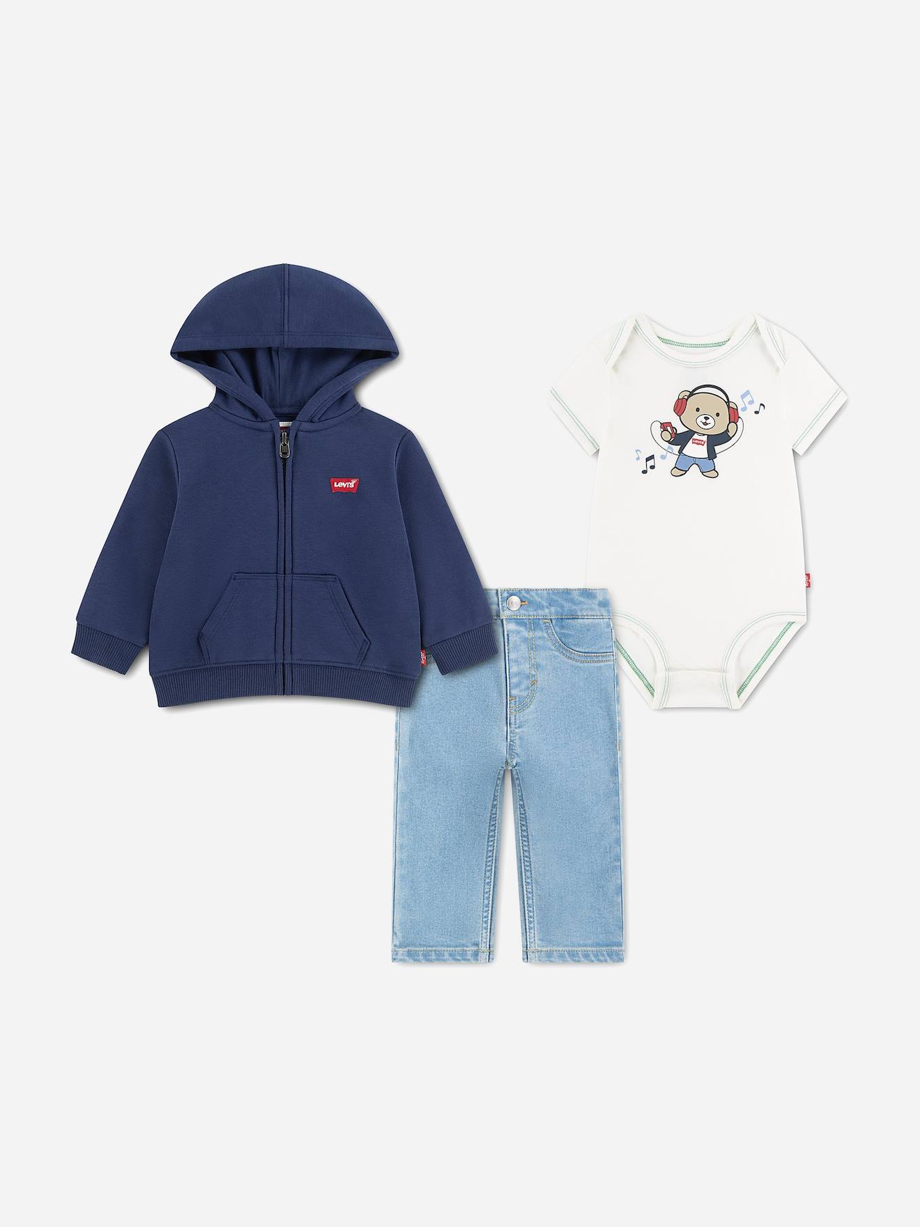Ensemble Garçon 3 Pièces Body Gilet À Capuche Et Jean Bleu / Blanc / Bleu Foncé