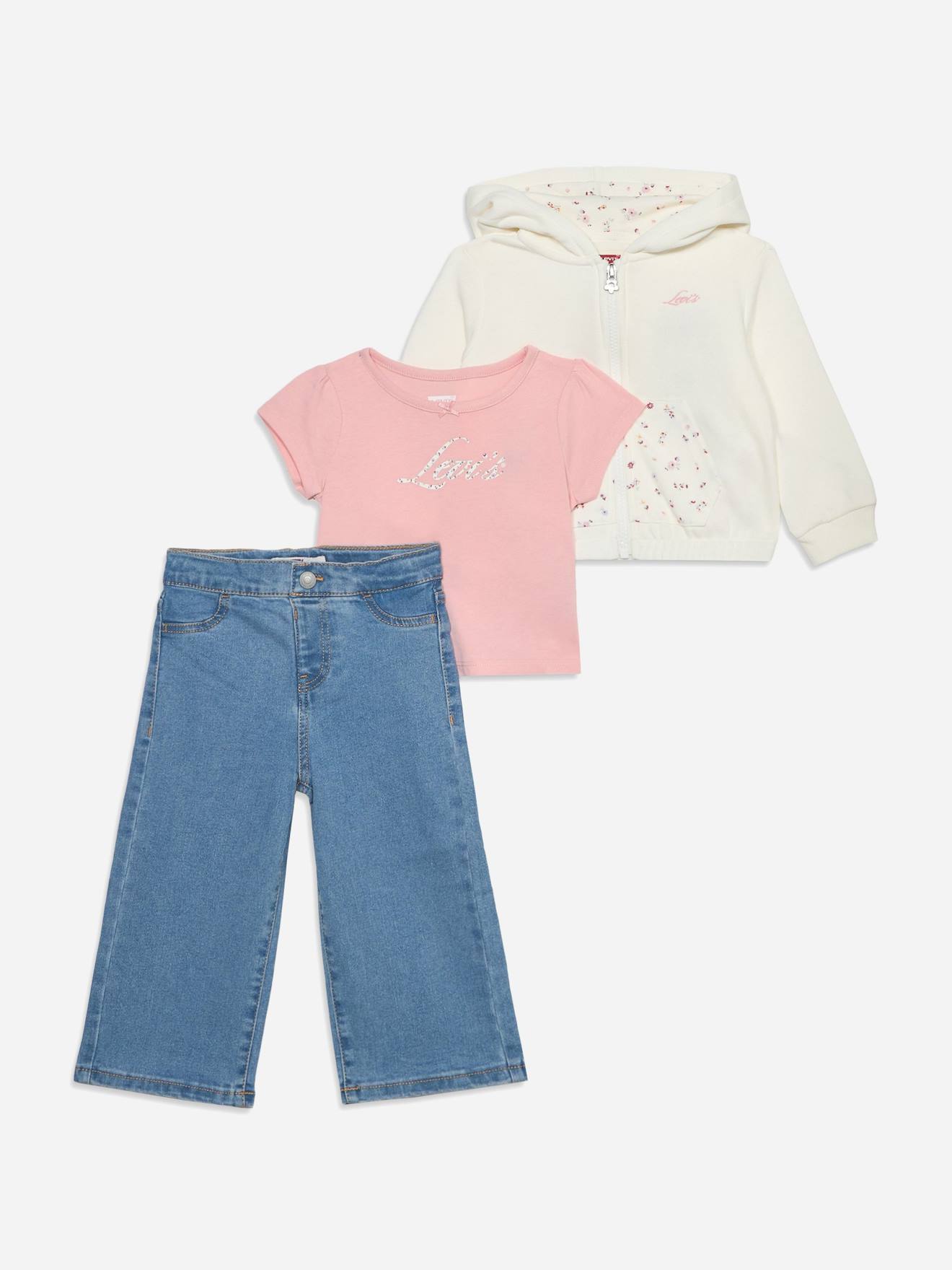 Ensemble Fille 3 Pièces T-shirt Gilet À Capuche Et Jean Évasé Blanc / Bleu / Rose