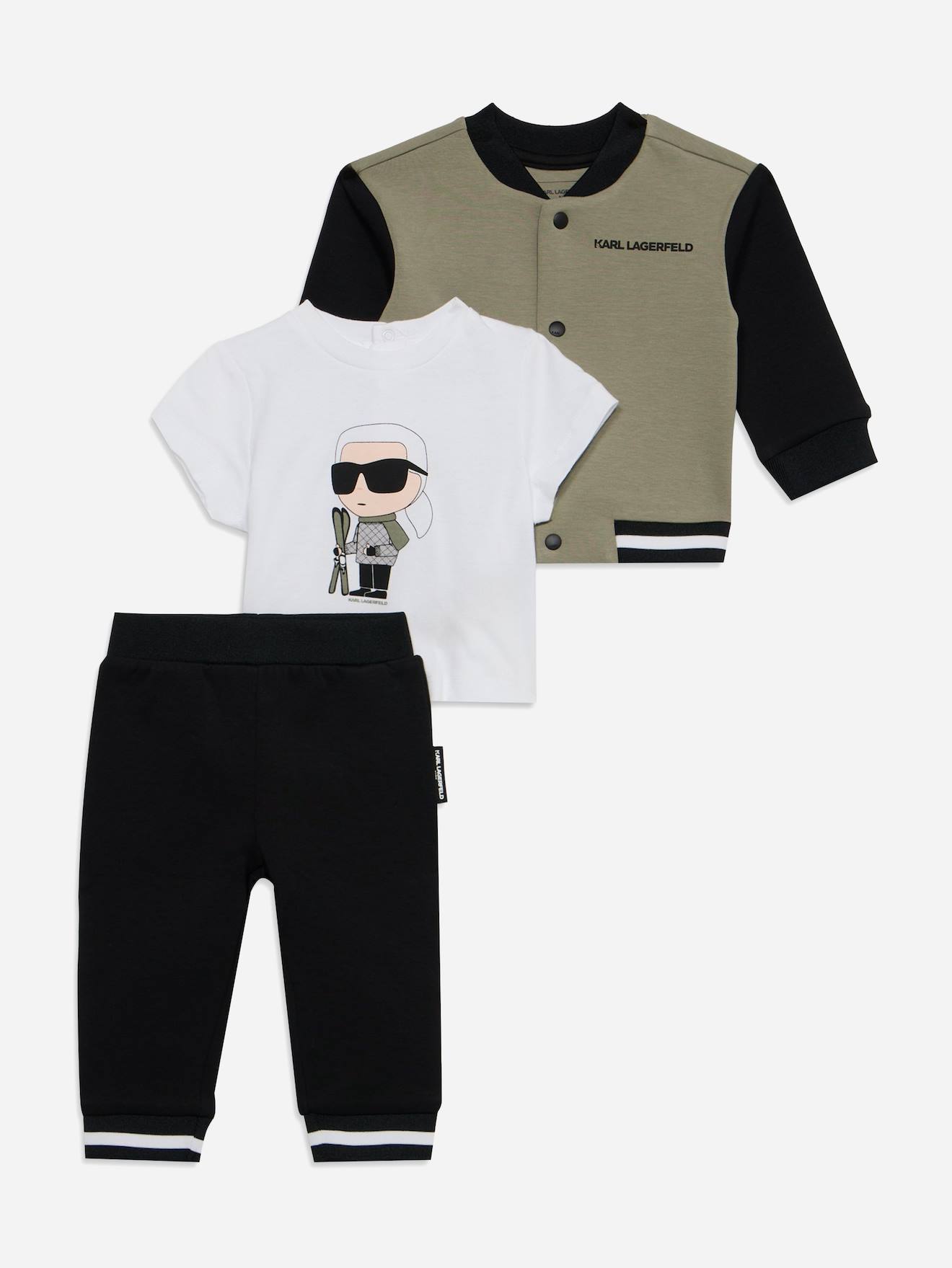 Ensemble Garçon 3 Pièces T-shirt Gilet Et Bas Noir / Kaki / Blanc