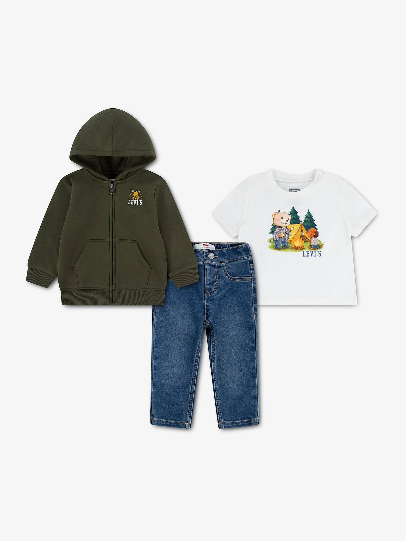 Ensemble Garçon 3 Pièces T-shirt Gilet À Capuche Et Jean Kaki / Blanc / Bleu
