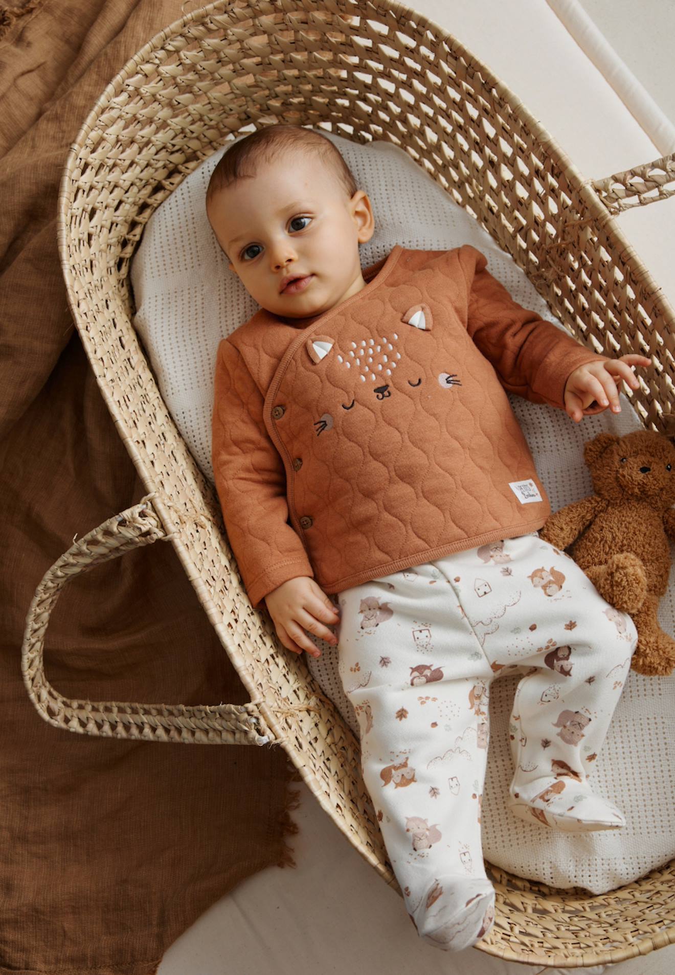 Ensemble Bébé Gilet Croisé Et Pantalon Avec Pieds En Molleton Caramel Ecru
