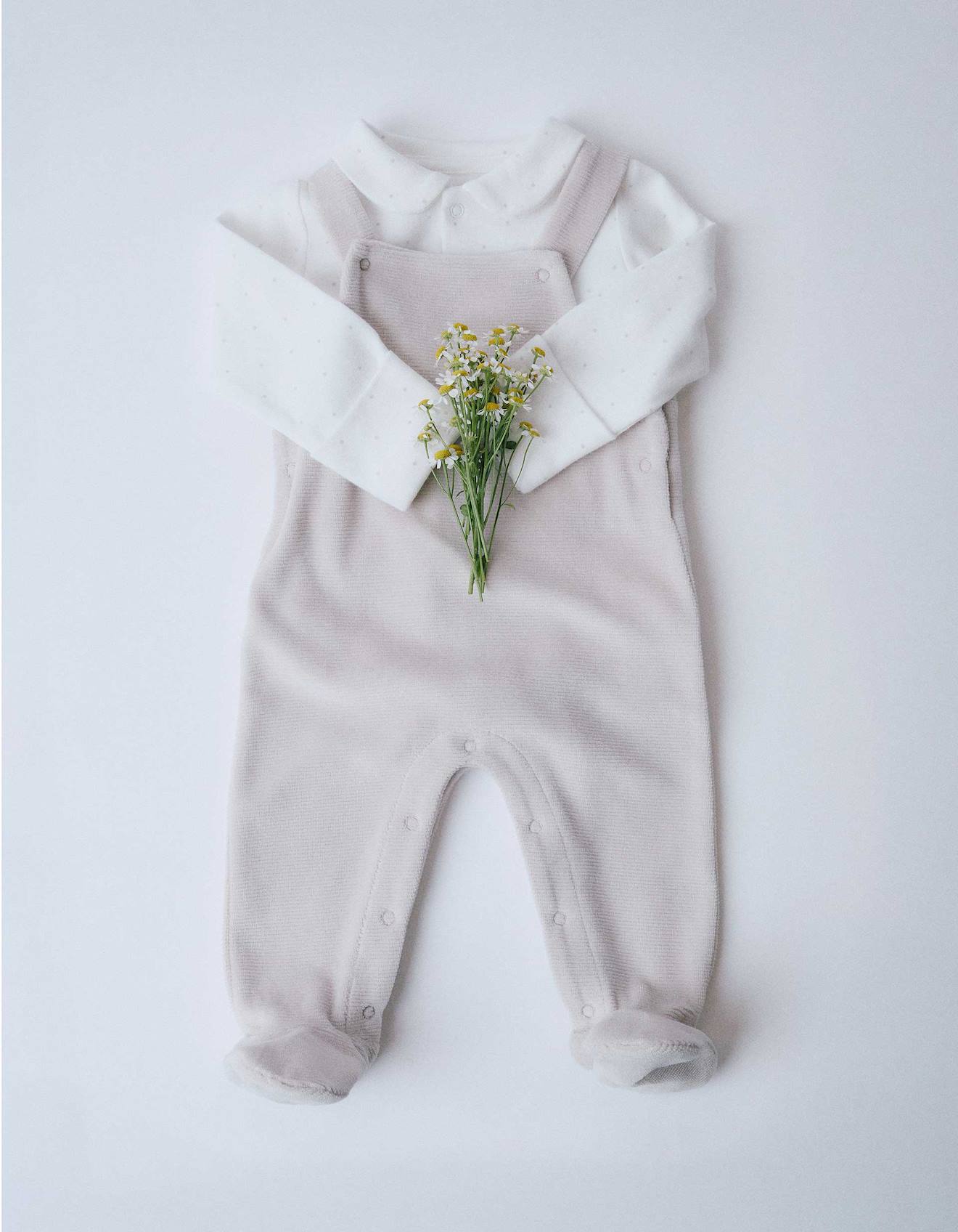 Ensemble Body En Coton + Salopette En Velours Gris Clair