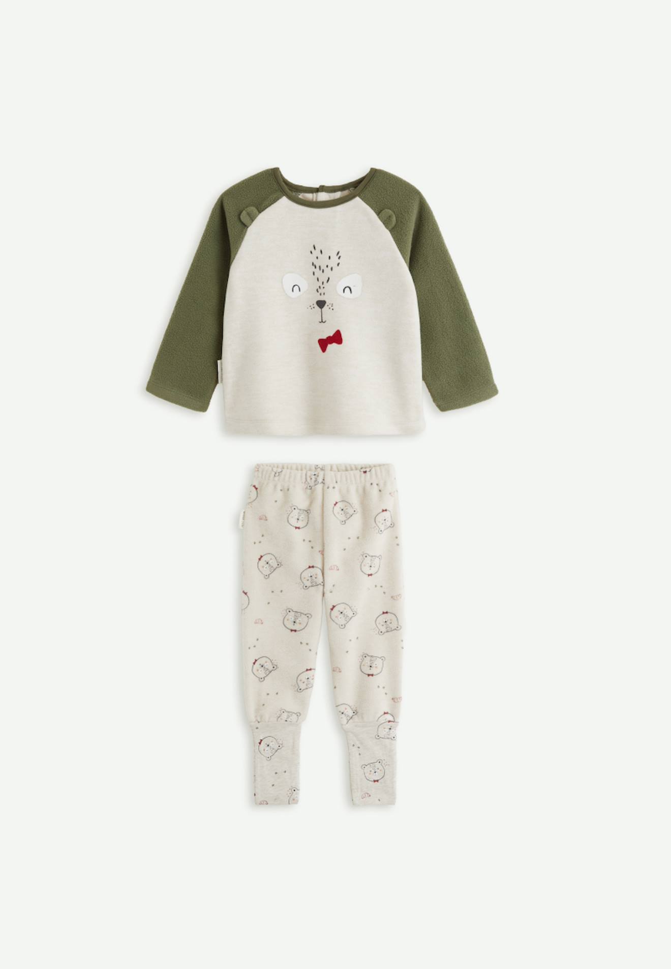 Pyjama Bébé 2 Pièces En Polaire Avec Pieds Retroussables Pistache Kaki