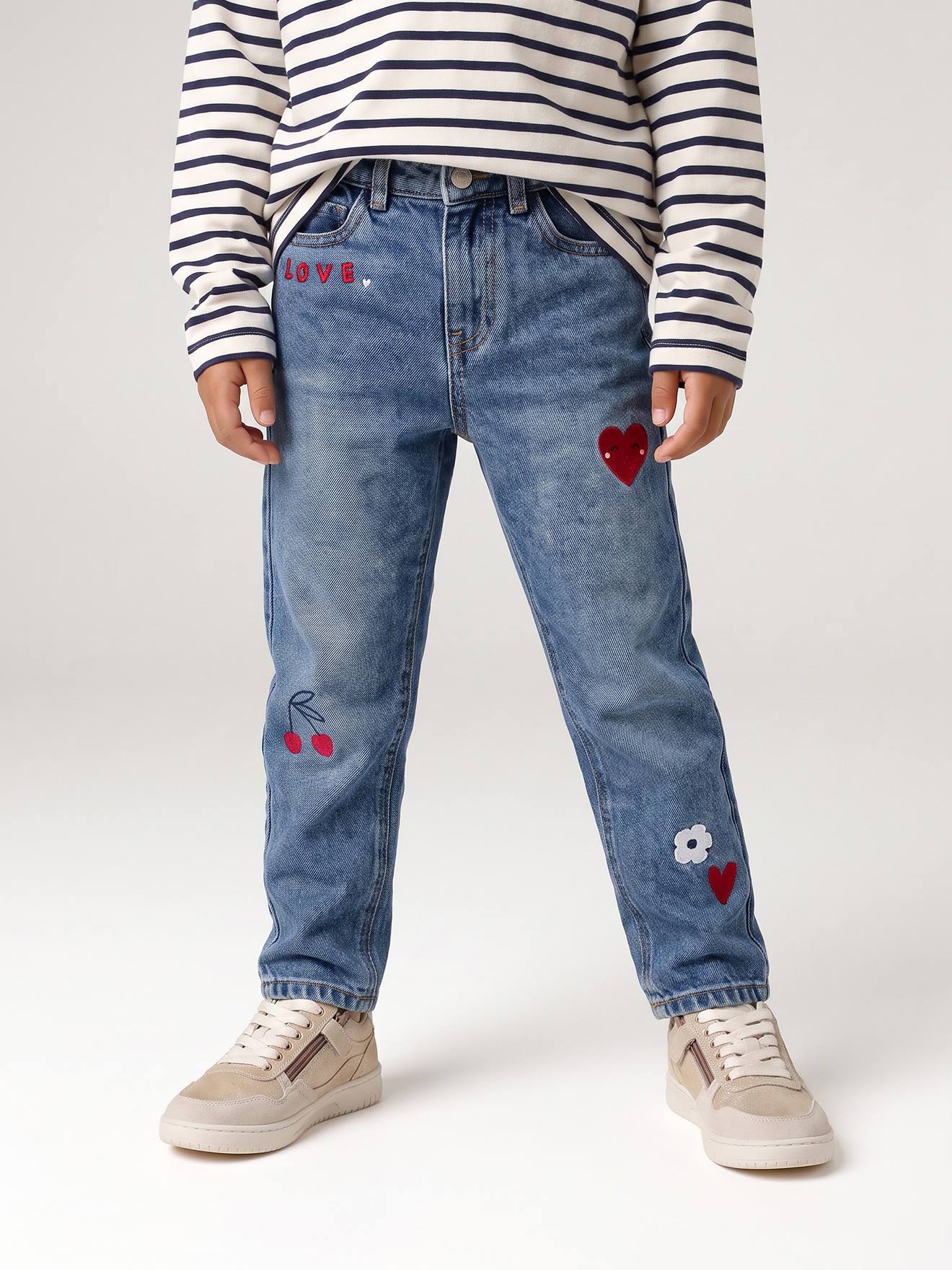 Jean fille mom brodé fleurs bleu moyen