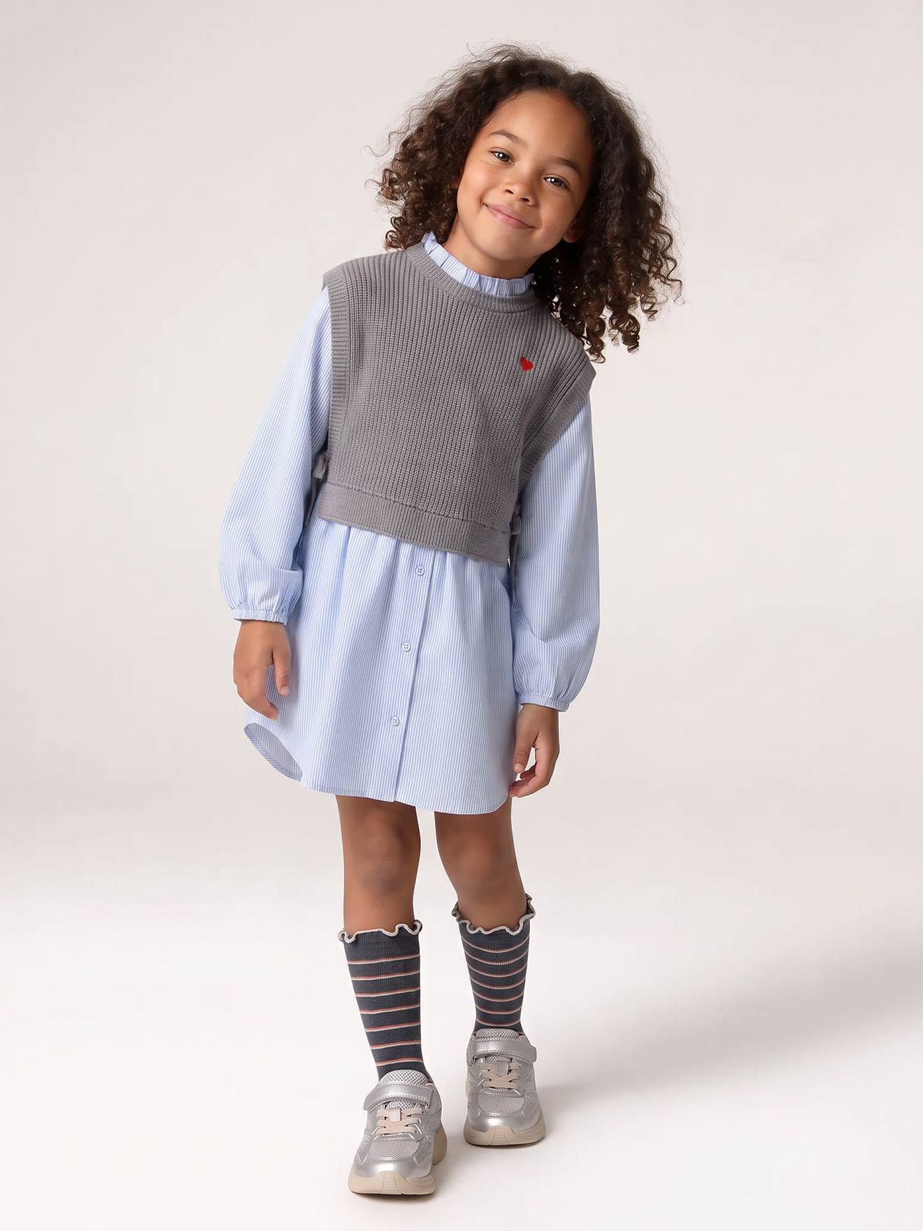 Robe-chemise fille effet 2 en 1 gris chiné