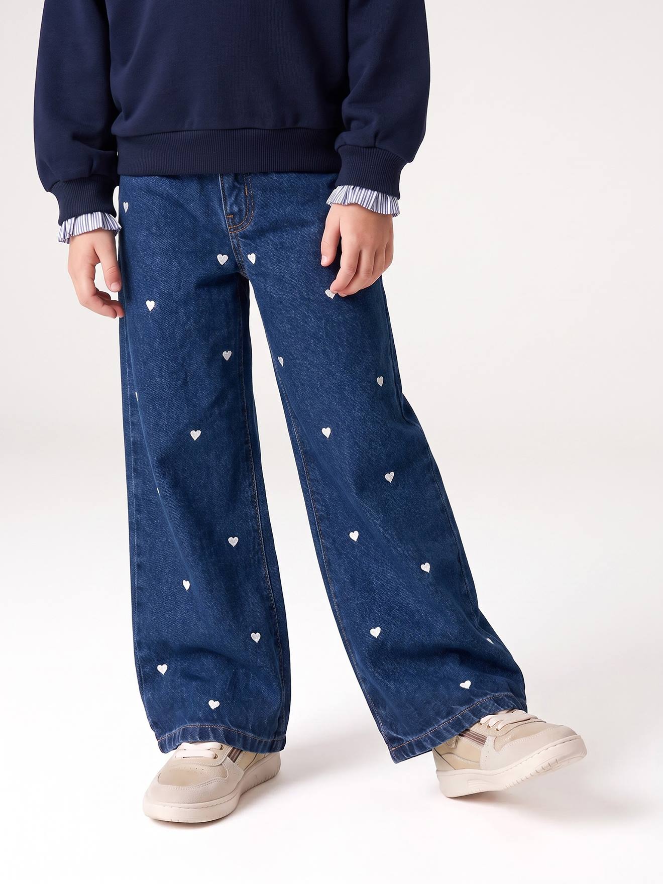 Jean large fille brodé bleu foncé